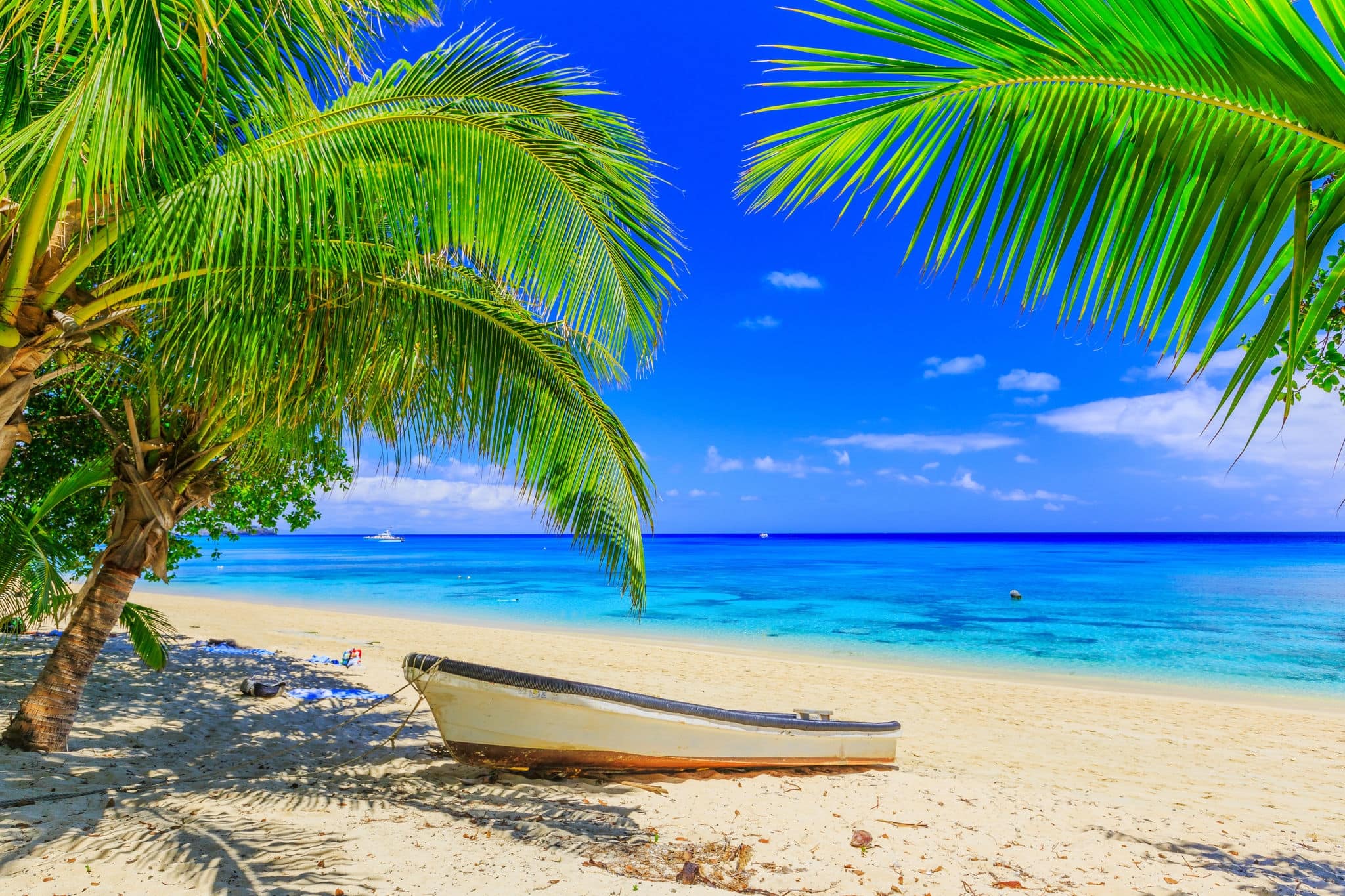 Dravuni Island, Fiji. Beach, boat and palm trees in the South Pacific ocean.