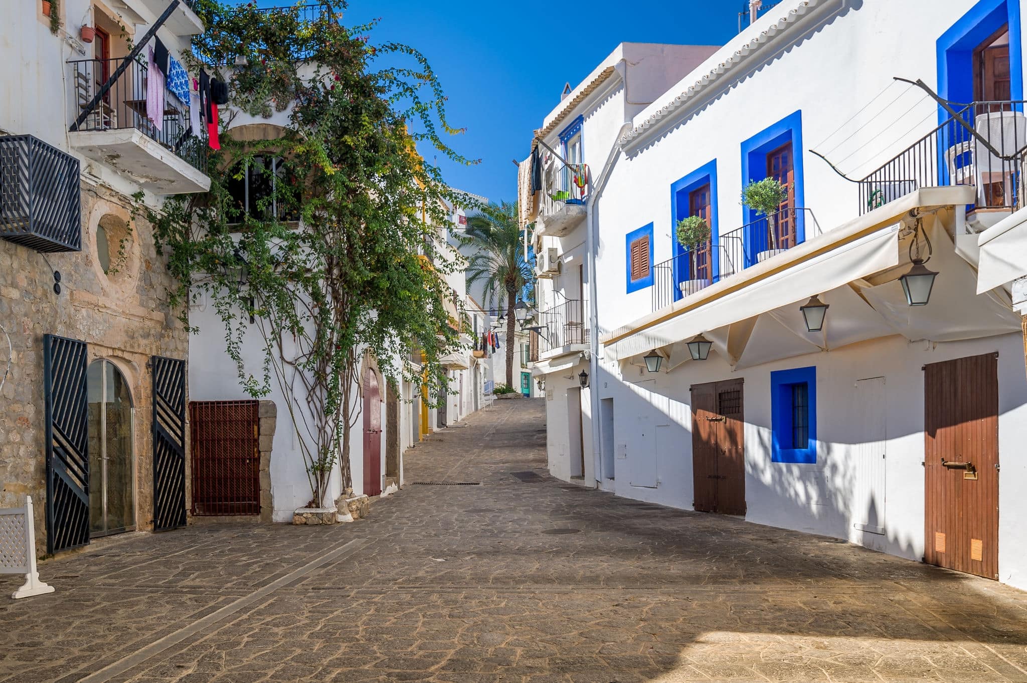 Narrow pedestrian streets in Ibiza old town center. Baleares, Spain