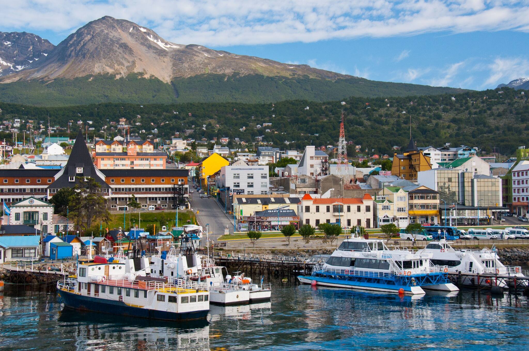 Ushuaia Harbor, Tierra del Fuego. Boats line the harbor in Ushuaia, southernmost city in the world and the leading port for Antarctic exploration.
