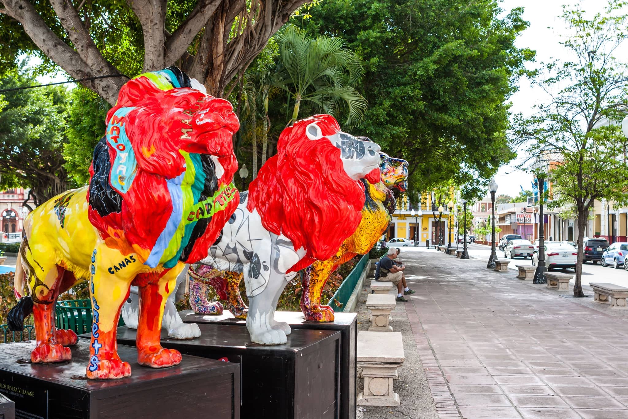 The old town of the city of Ponce and its colorful lions in Puerto Rico, United States.