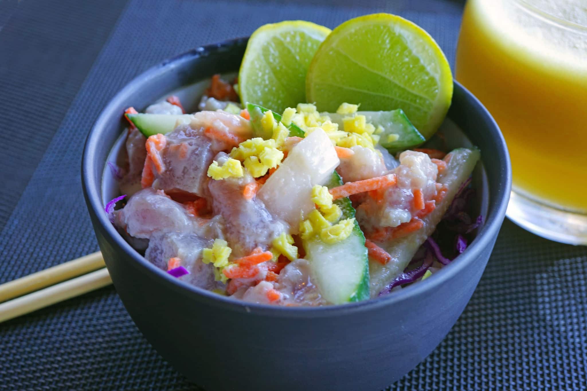 A bowl of "poisson cru", the local specialty dish in French Polynesia made with raw tuna fish marinated in coconut milk