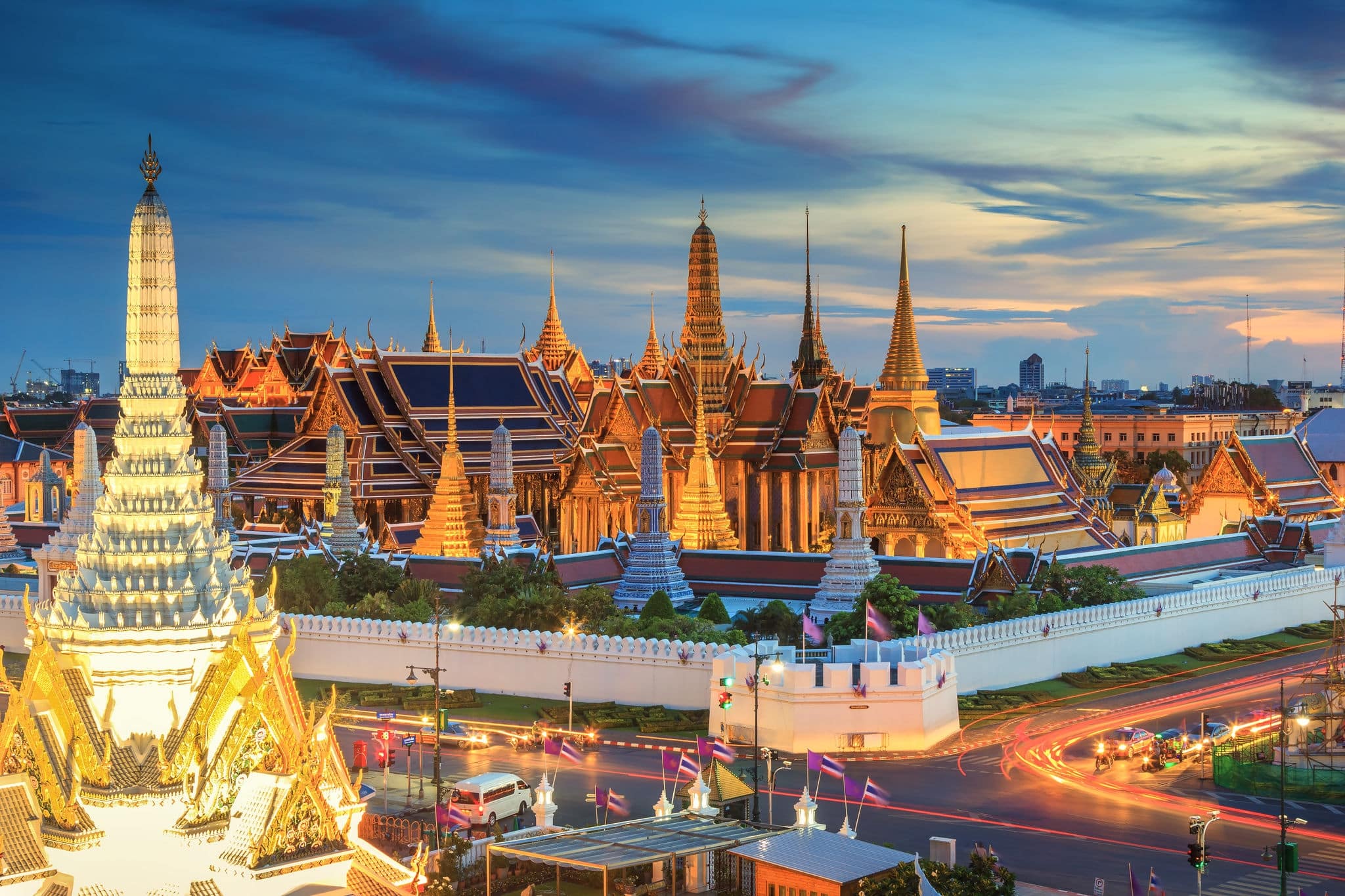Grand palace and Wat phra keaw at sunset Bangkok, Thailand. Beautiful Landmark of Asia.  Temple of the Emerald Buddha. landscape of the capital city. view of thailand