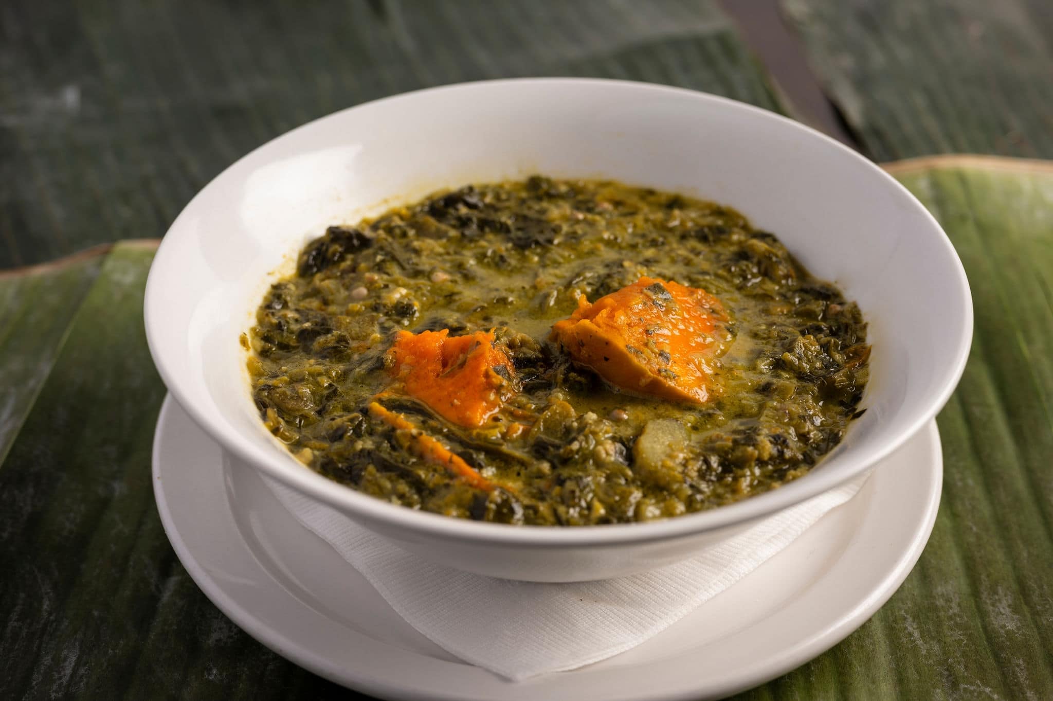 Callaloo Soup  Trinidadian style with sweet potatoes for restaurant 