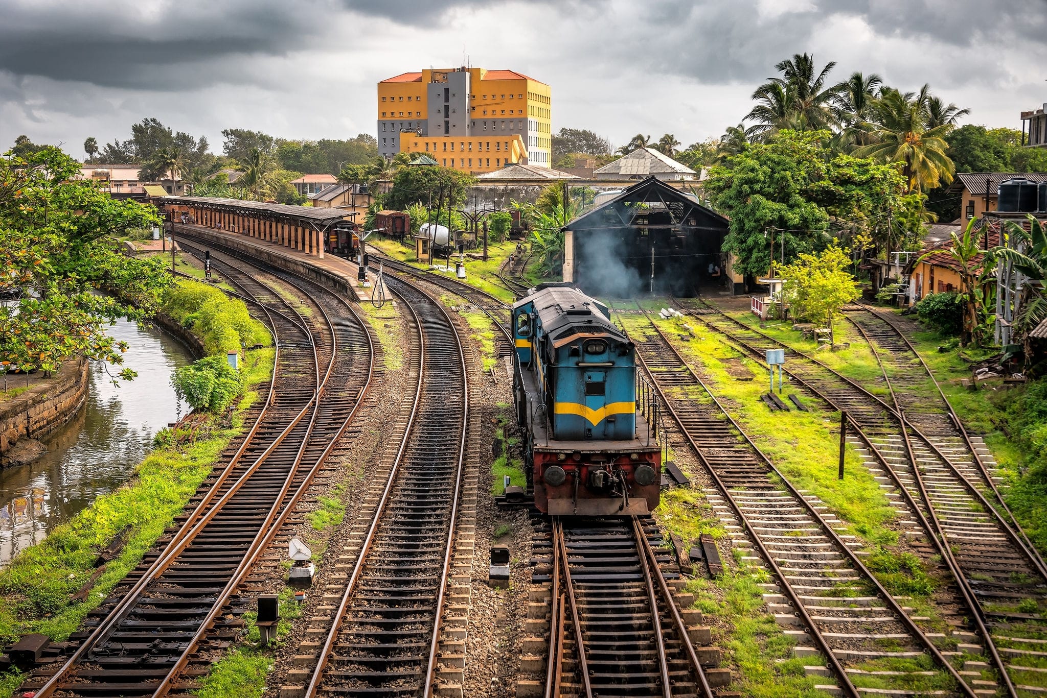 Galle. Sri Lanka. Railway station and diesel locomotive on the rails. Industrial theme
