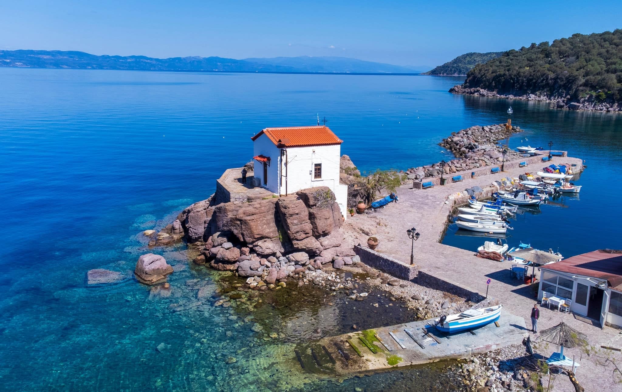 The little church of Panagia gorgona situated on a rock in Skala Sykamias, a picturesque seaside village of Lesvos