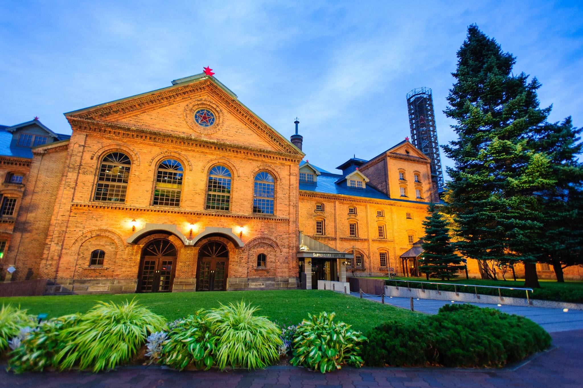 View of Sapporo beer museum at night, Japan