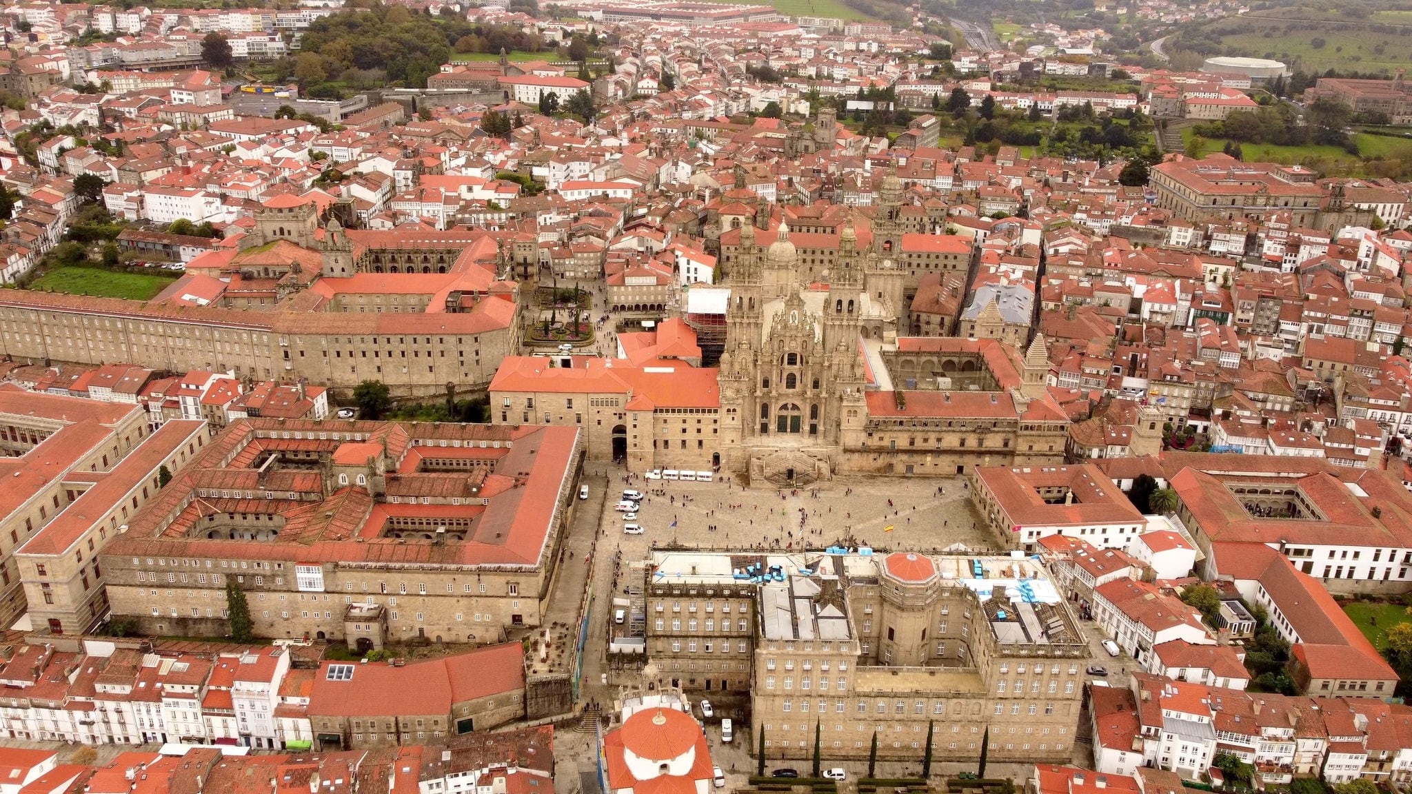 Aerial view of the city main square cathedral of Santiago de Compostela World Heritage Site in Galicia, Spain