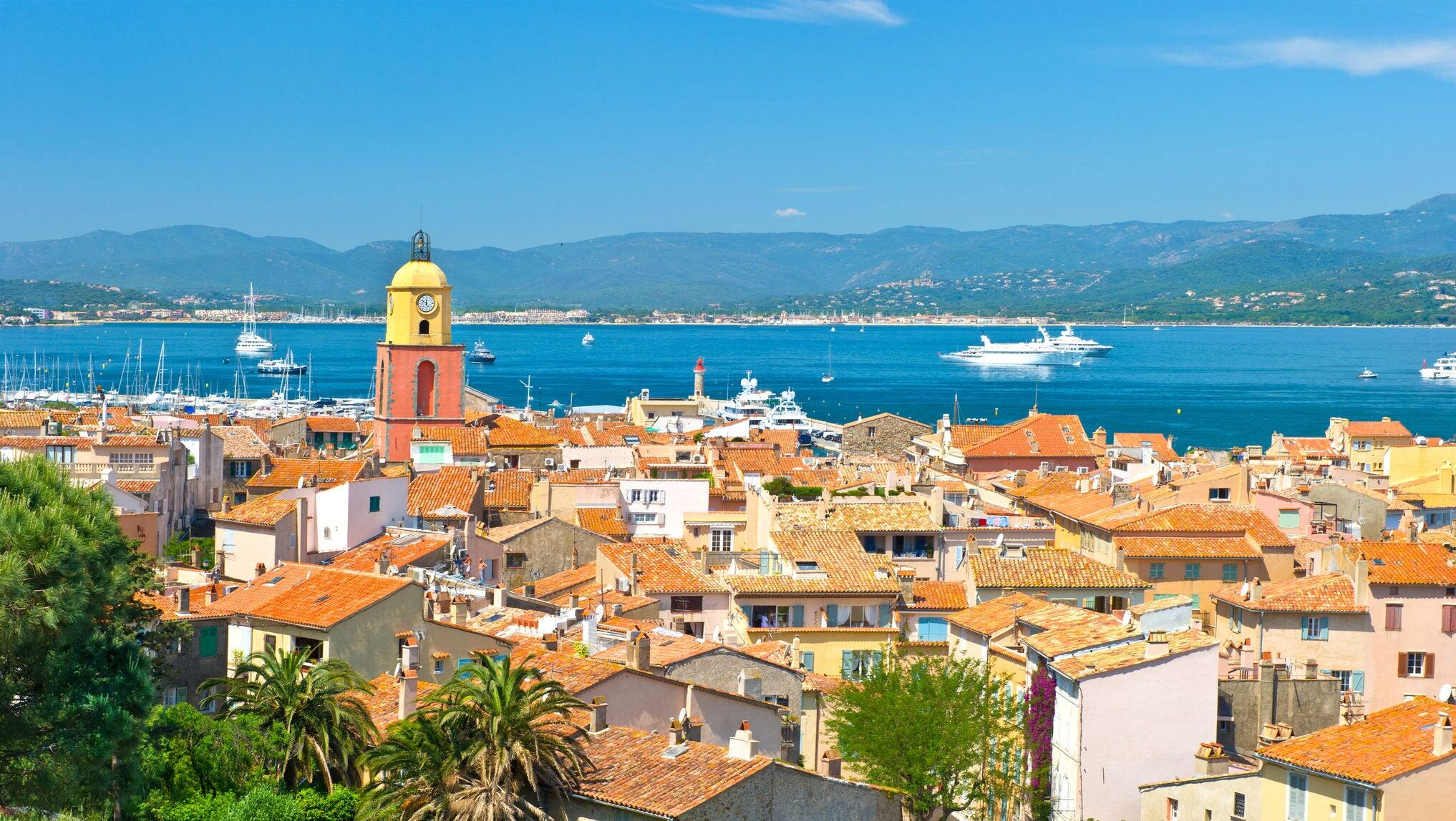 Beautiful view of Saint-Tropez, France with seascape and blue sky