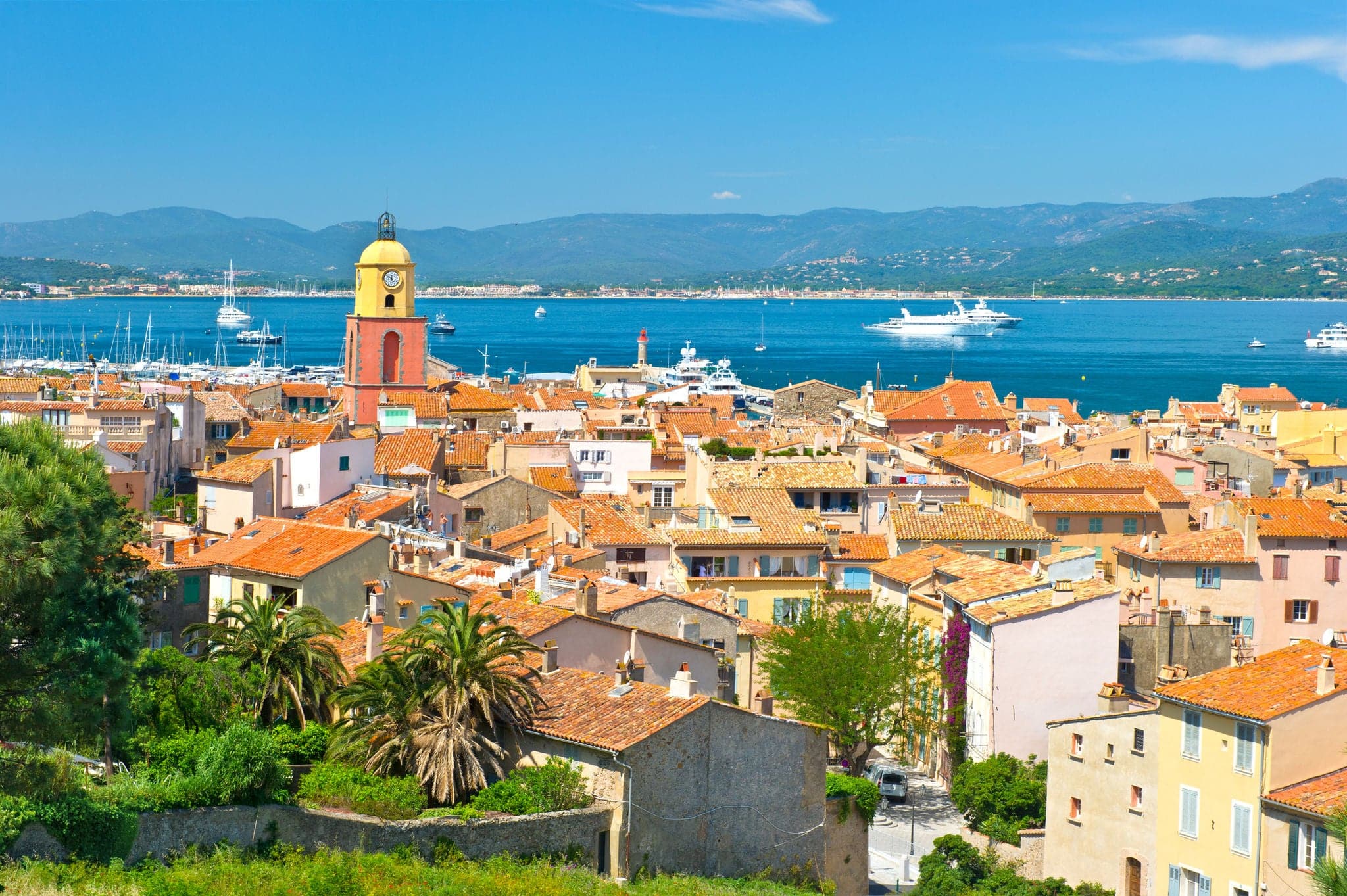 Beautiful view of Saint-Tropez, France with seascape and blue sky