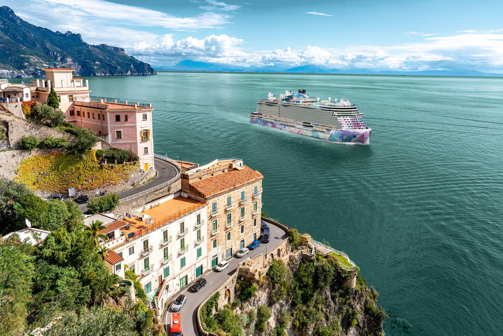 Aerial view Atrani form Villa Cimbrone in Ravello on the Amalfi Coast, Italy.