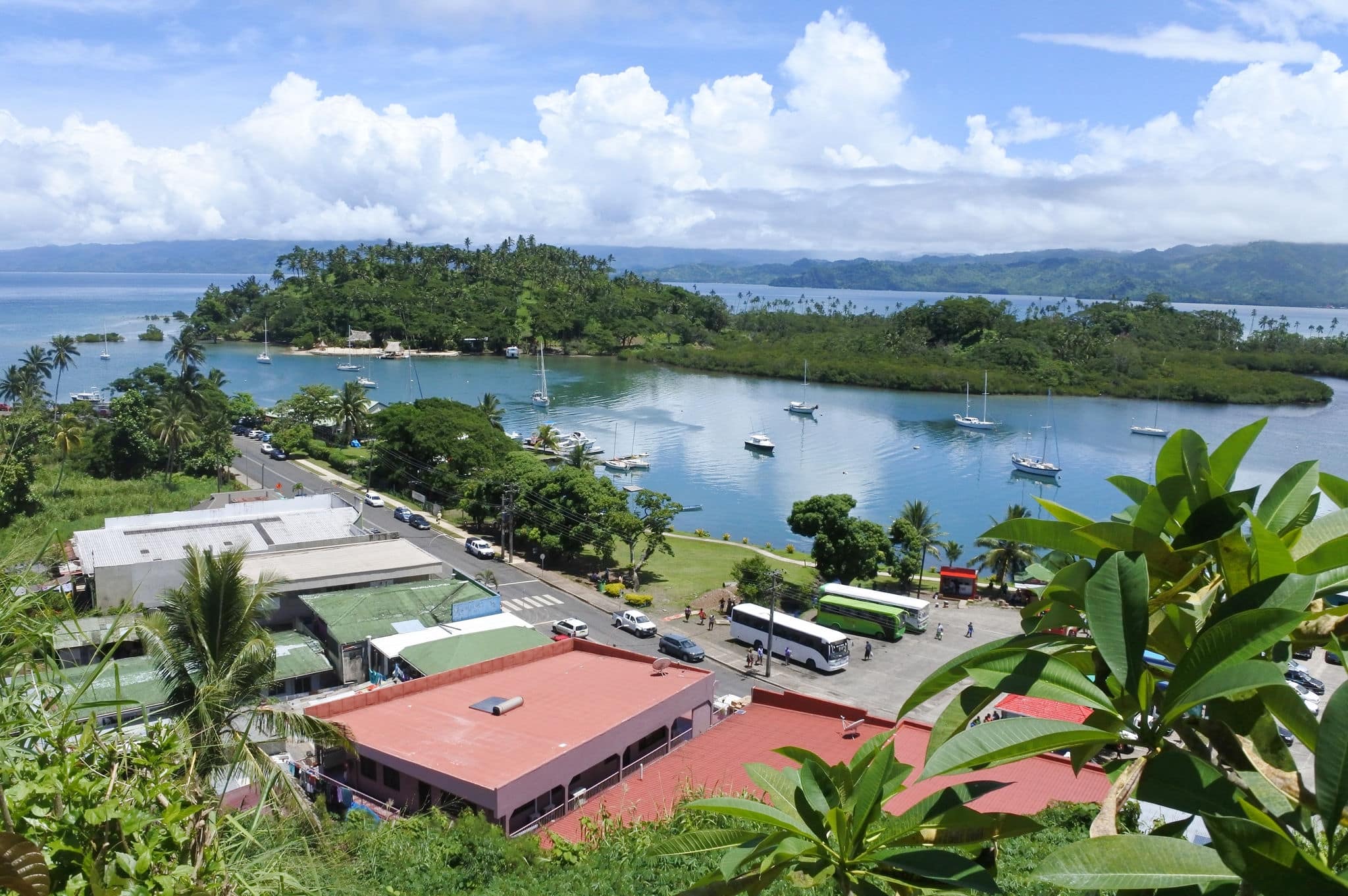 Panoramic aerial landscape view of Savusavu Bay one of Fiji's glorious stretches of water and most charming town home to marinas, wonderful swimming and snorkelling spots and a world-famous pearl farm