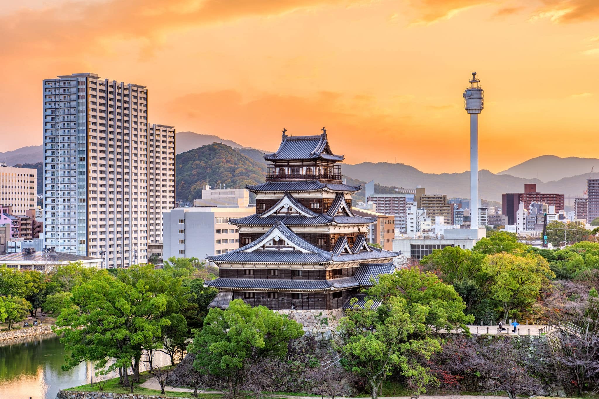 Hiroshima, Japan cityscape and castle.