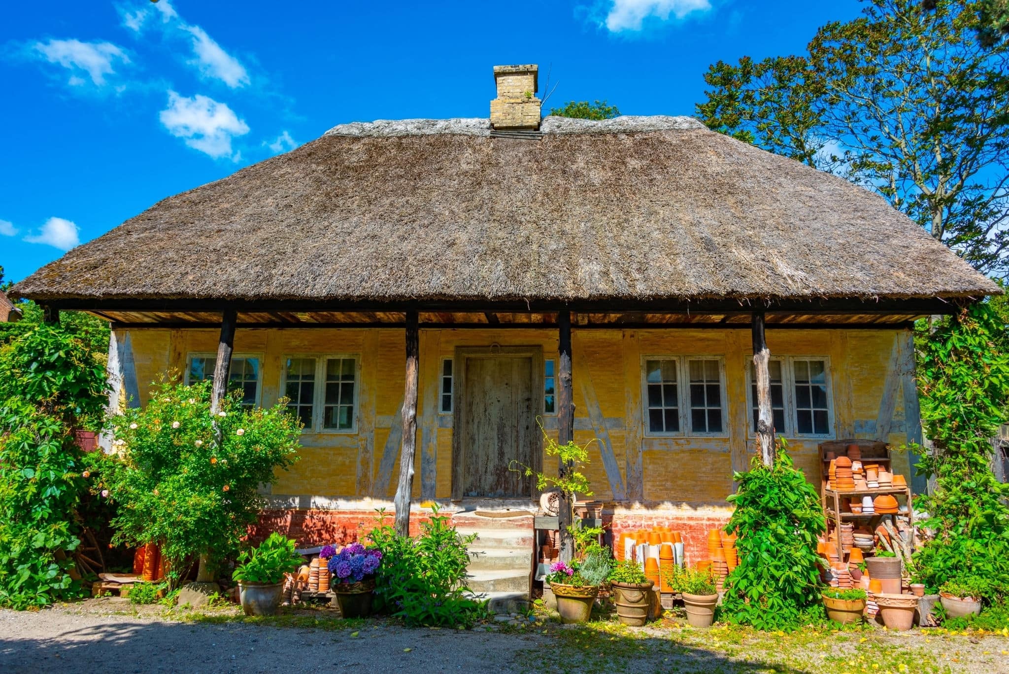 Colorful houses in Den Gamle By open-air museum in Aarhus, Denmark.