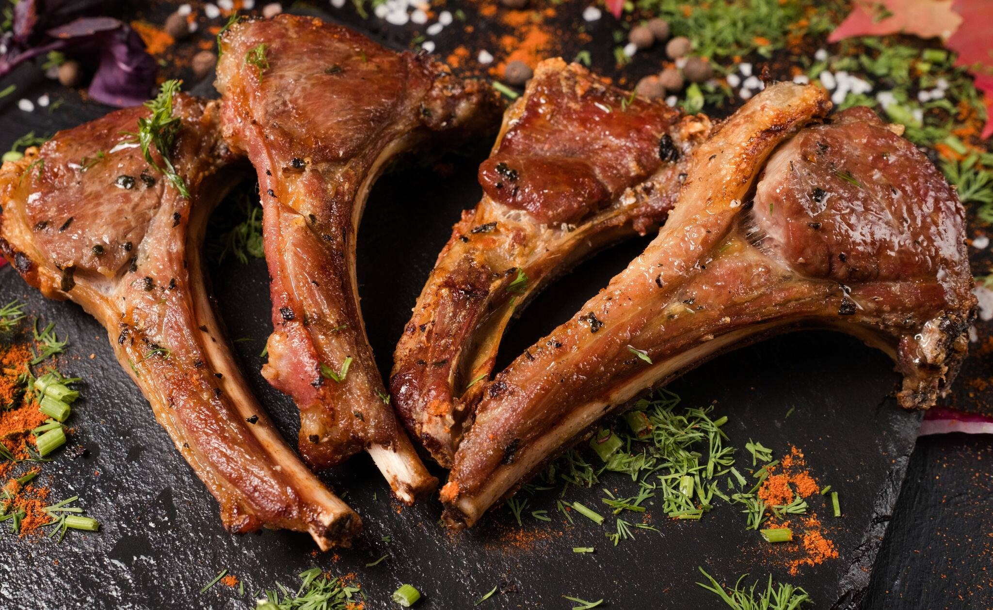 soft rack of lamb gourmet dish. traditional new zealand cuisine. ready made restaurant food photography.