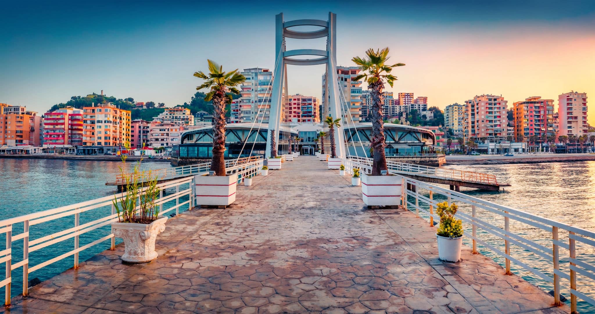 Impressive sunrise in Durres, port city on the Adriatic Sea in western Albania, Europe. Wonderful Adriatic seascape. Magnificent spring scene of Albania. Traveling concept background.