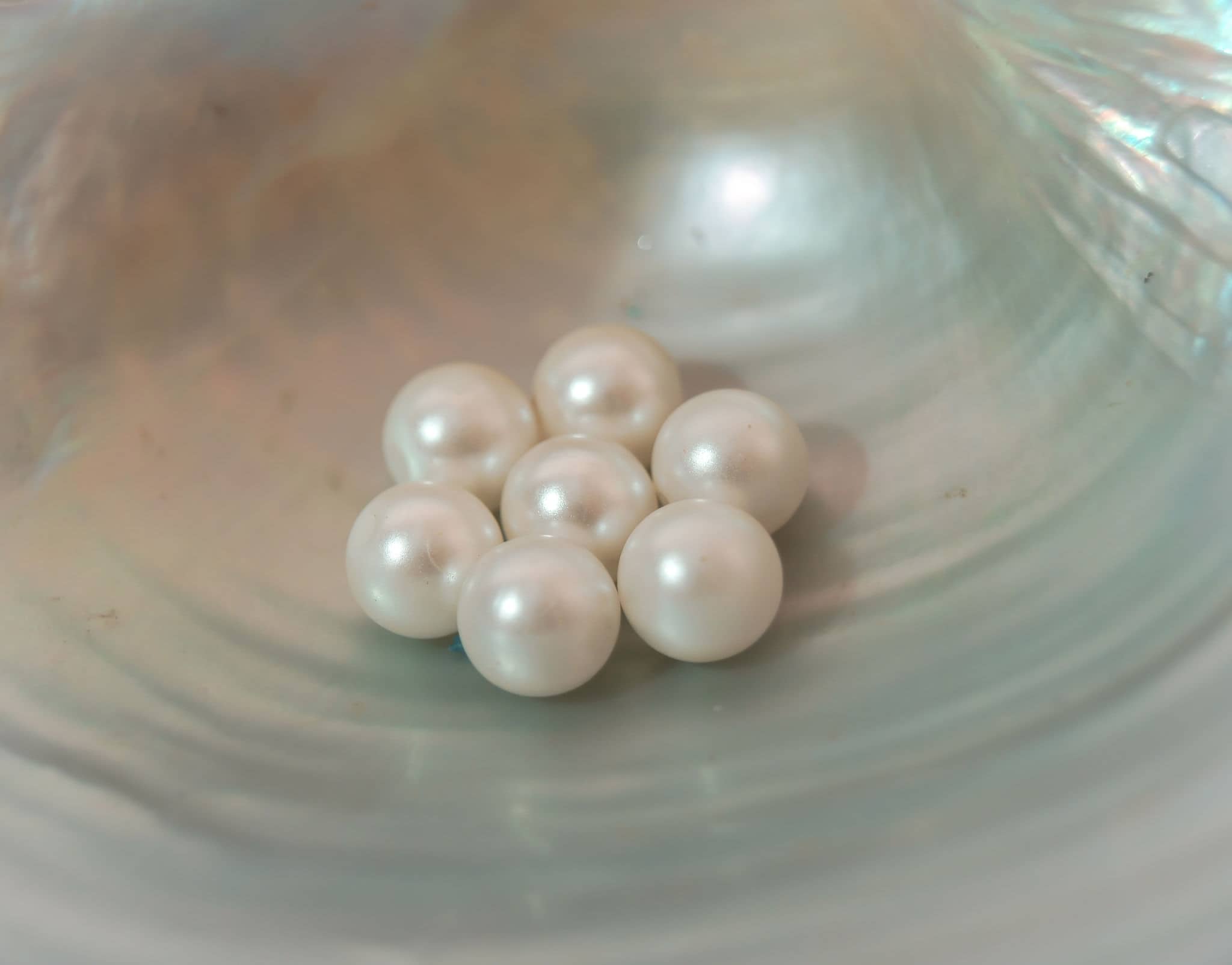 shells and pearls isolated on blue background made of little blue rocks 