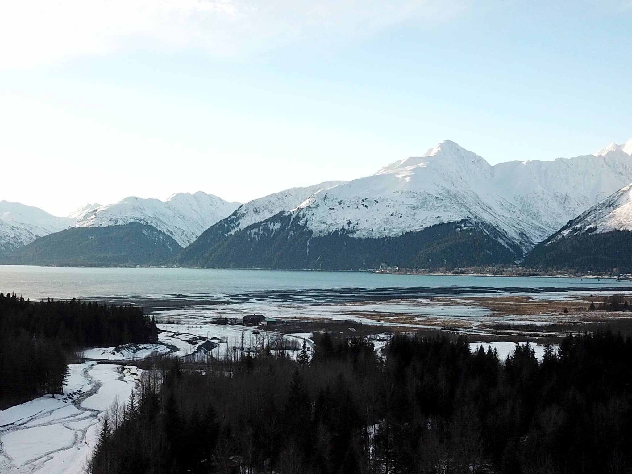 Flying drone over original parts of the original Iditirod Trail in Alaska 