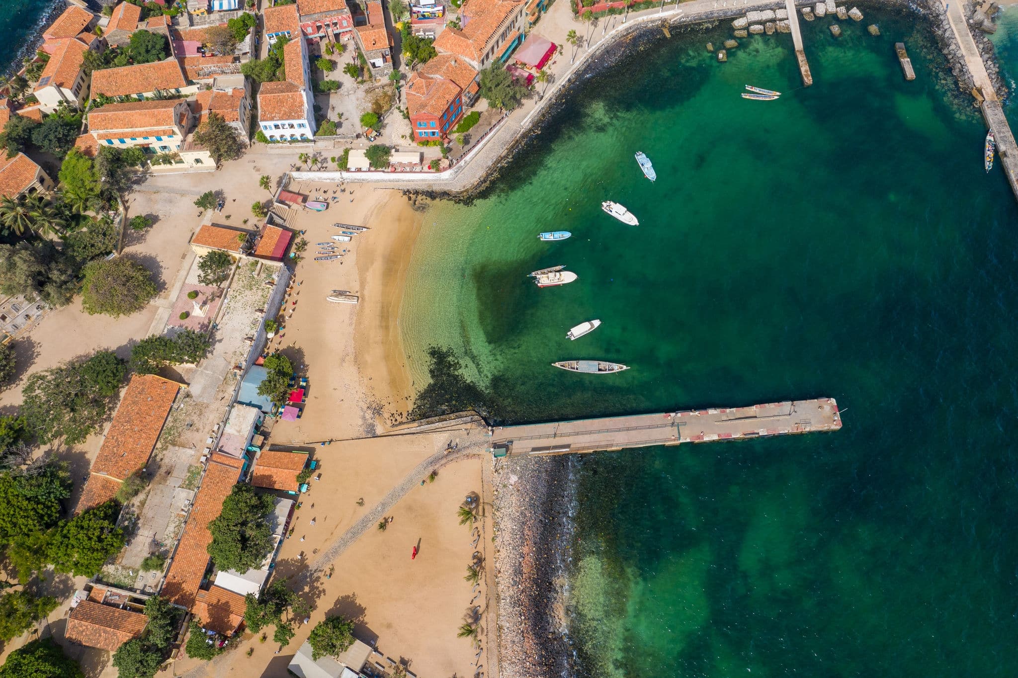 Aerial view of Goree Island. Gorée. Dakar, Senegal. Africa. Photo made by drone from above. UNESCO World Heritage Site.
