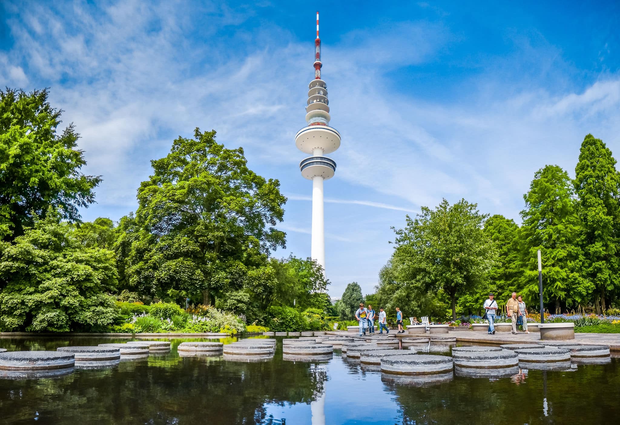 Beautiful view of famous Heinrich-Hertz-Turm radio telecommunication tower in the city of Hamburg, Germany