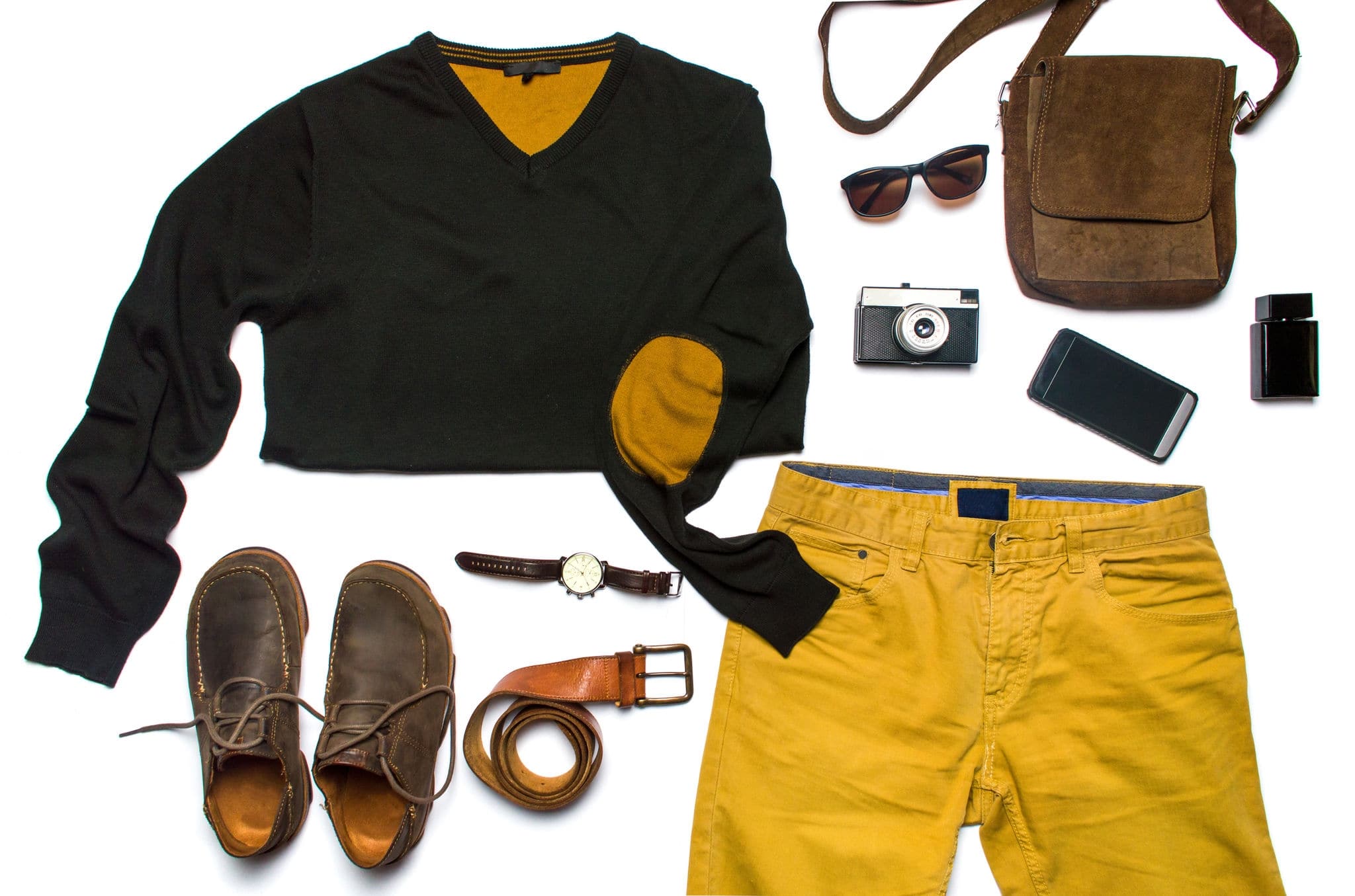 male fashion accessories flat lay isolated on white
