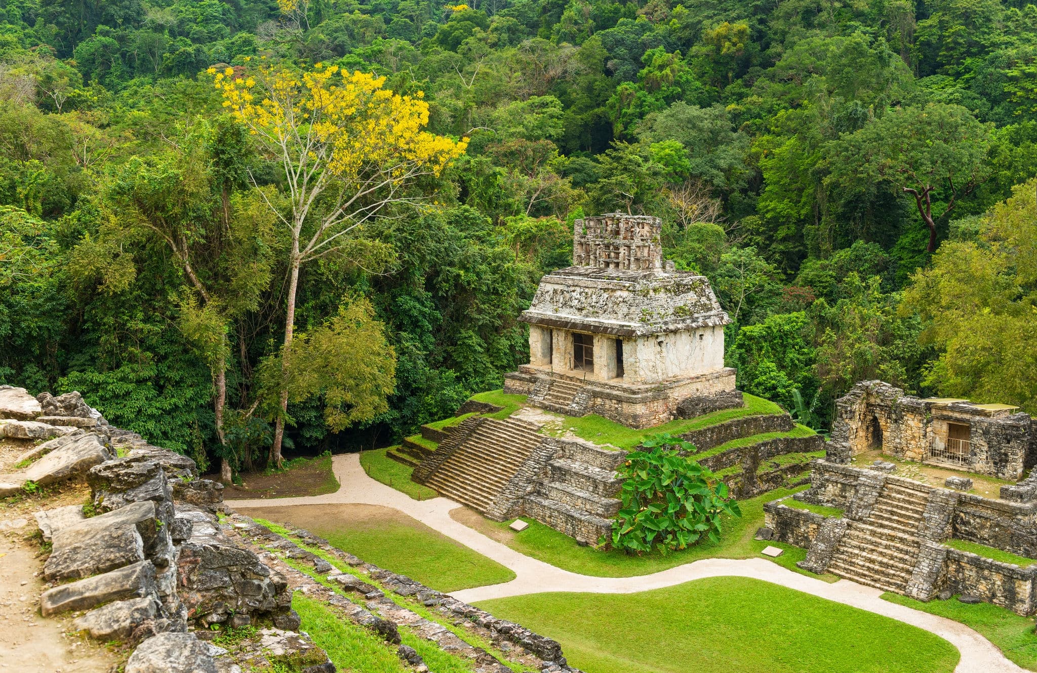 Aerial view of the Mayan temple ruins of Palenque, with a jungle setting during daytime near the city of Palenque, Mexico. 