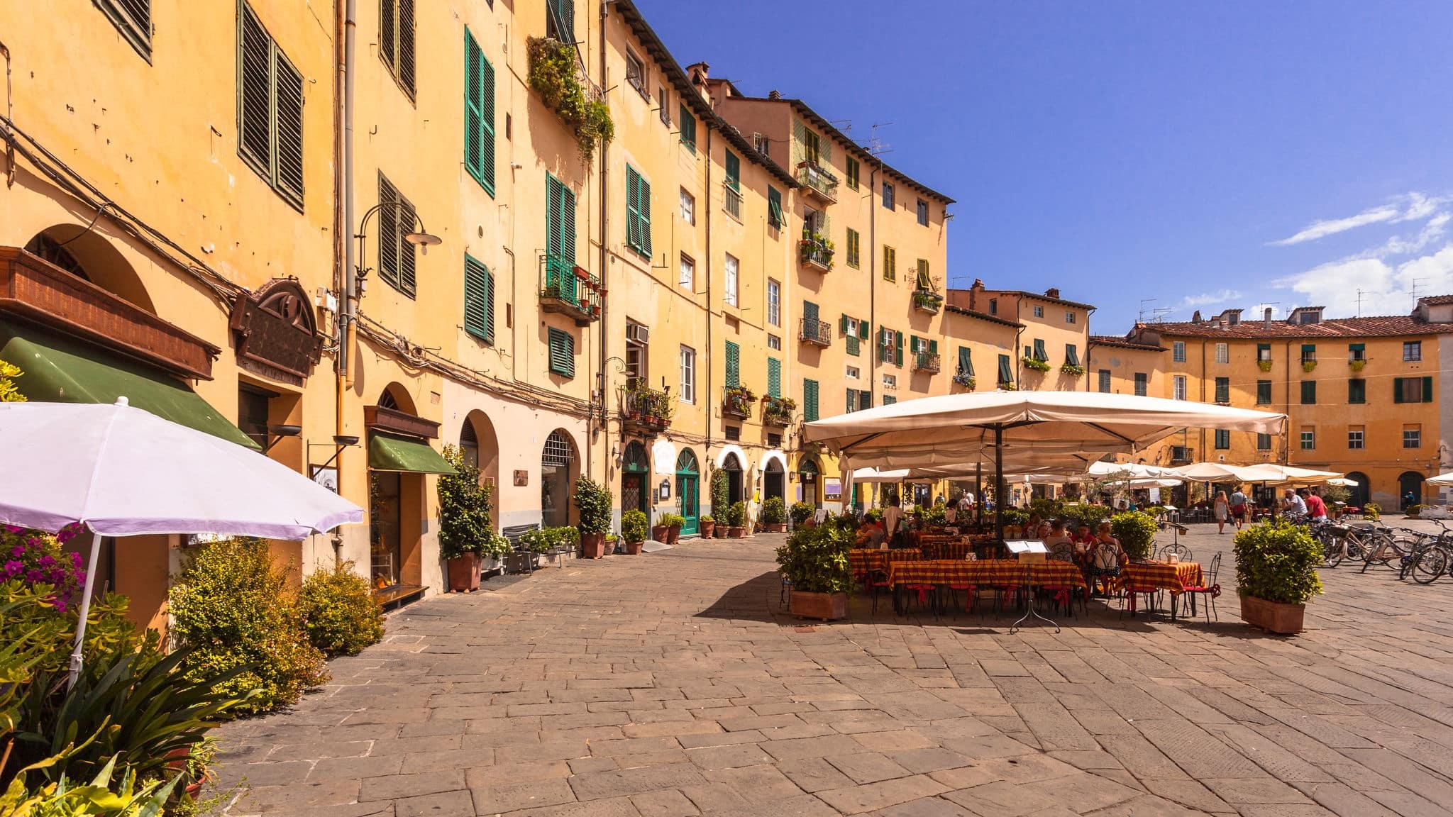 The Famous Oval City Square on a Sunny Day in Lucca, Tuscany, Italy