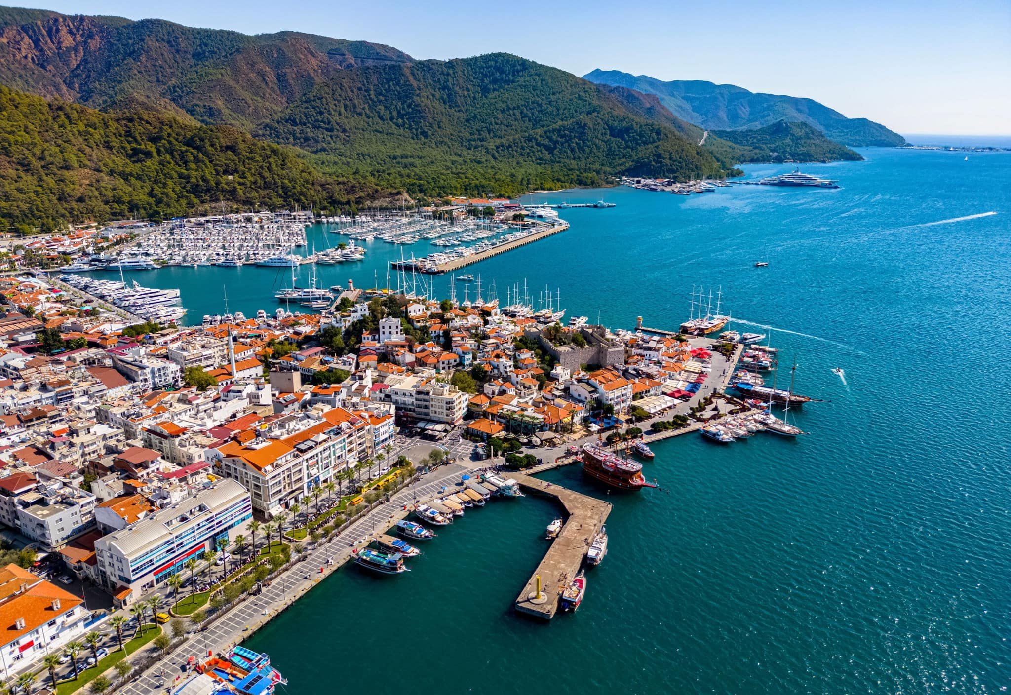 Aerial view of Marmaris in Mugla Province, Turkey.