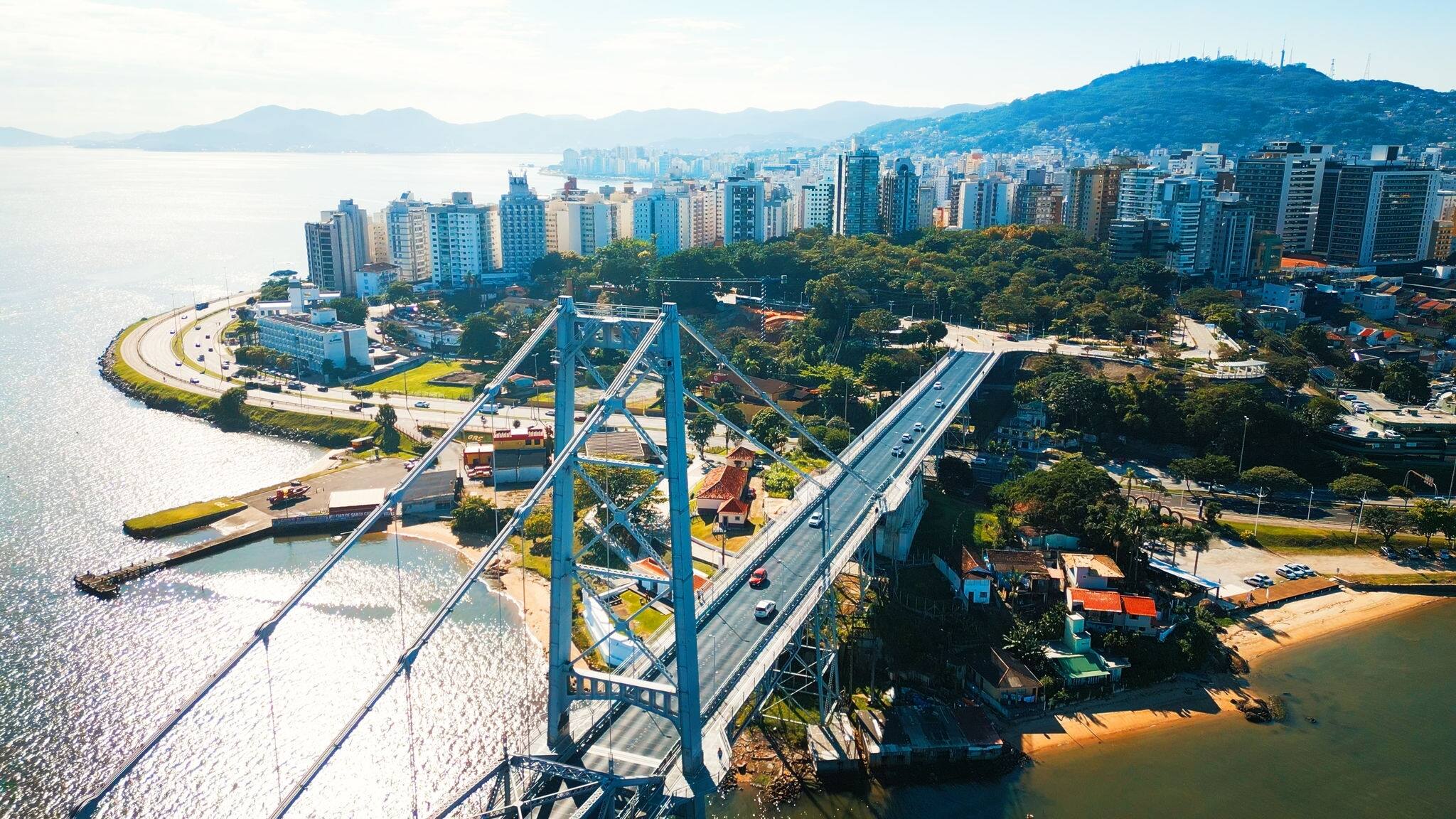 Aerial view of the city of Florianopolis during sunny day. Brazil, island of Santa Catarina 