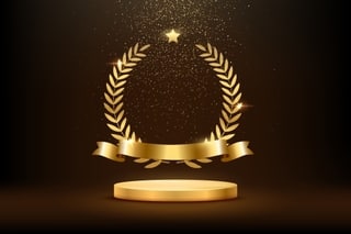 Gold award round podium with laurel wreath, ribbon, star, shiny glitter and sparkles isolated on dark background. Vector golden symbol of victory, achievement, success, rewarding of winner.