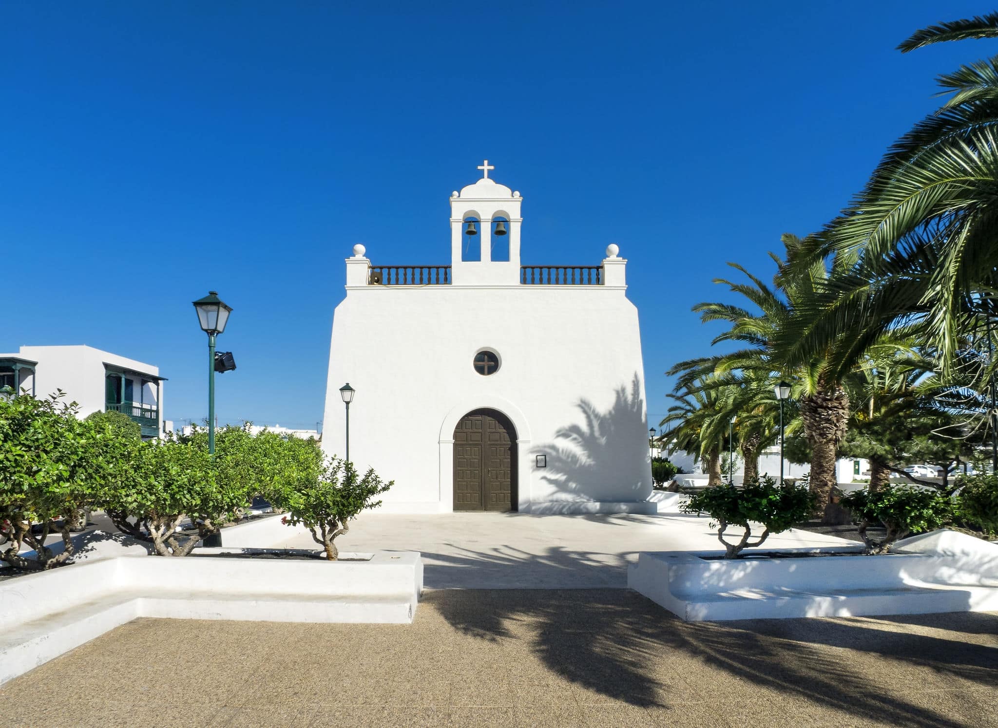 Front view of the church Iglesia San Isidro Labrador in Uga, Lanzarote, Canary Islands, Spain. 