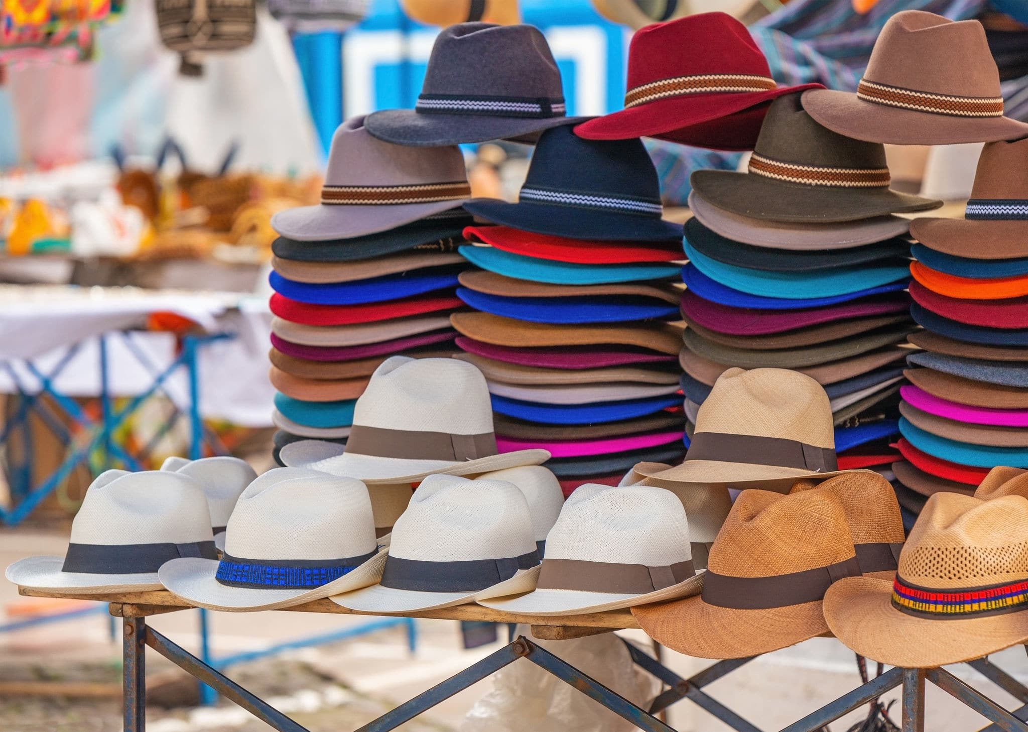 Pile of Panama Hats on local art and craft market, Otavalo, Ecuador.