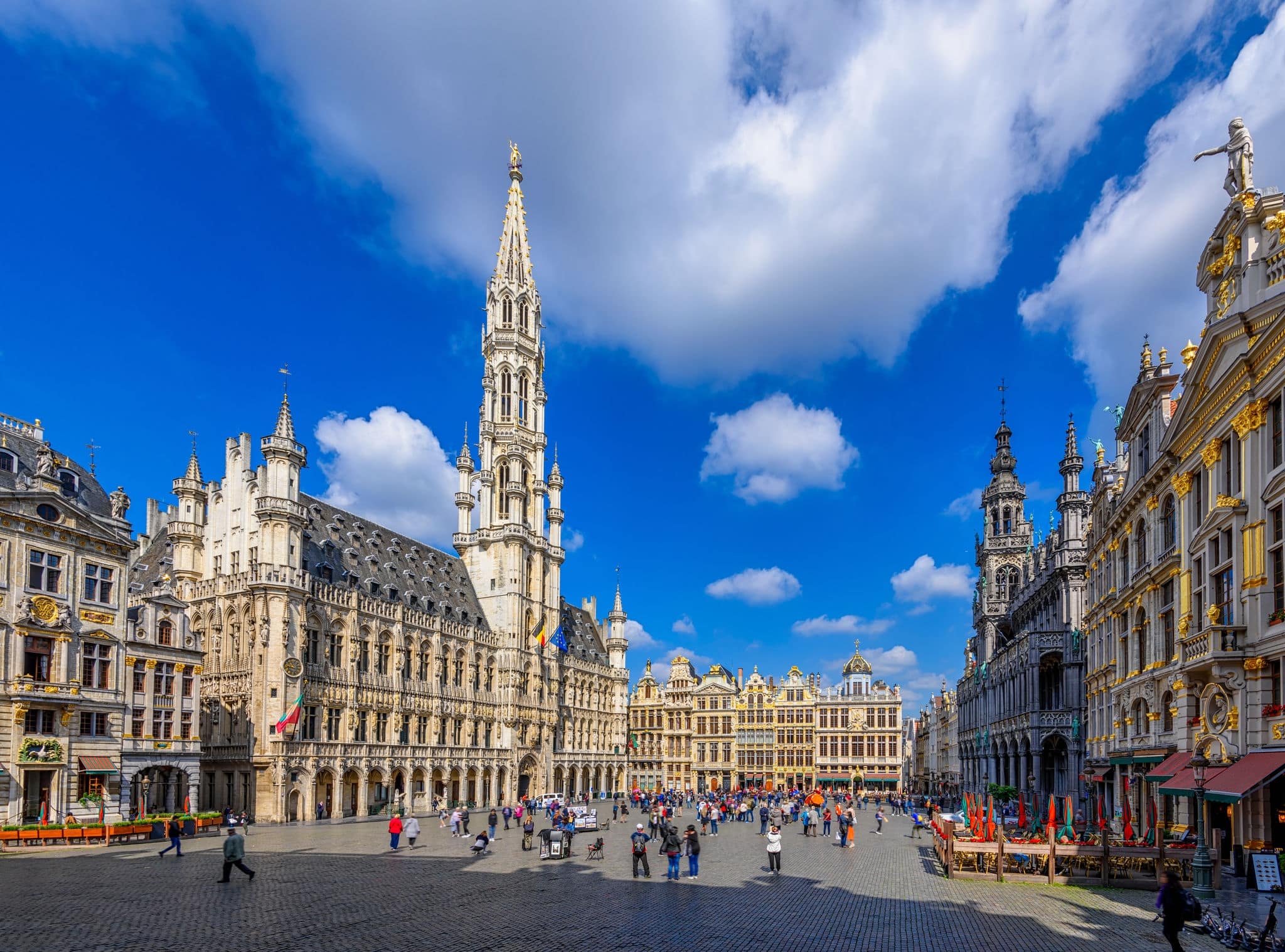 Grand Place (Grote Markt) with Town Hall (Hotel de Ville) and Maison du Roi (King's House or Breadhouse) in Brussels, Belgium. Grand Place is tourist destination in Brussels. Cityscape of Brussels.