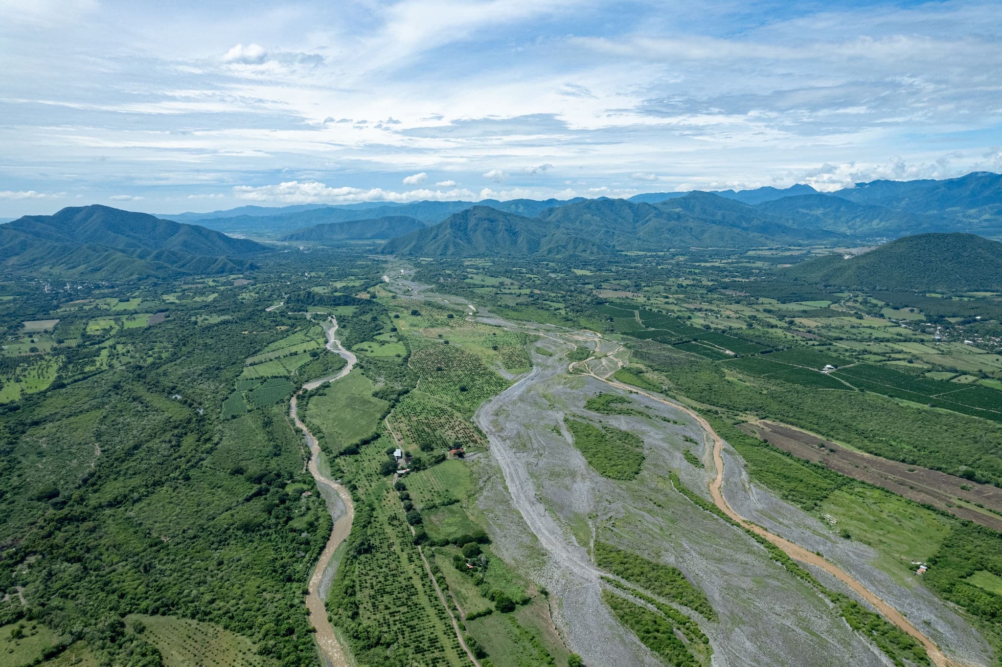 Aerial view of crop fields surrounding a river muddied by recent rains on the coast of jalisco, puerto vallarta.