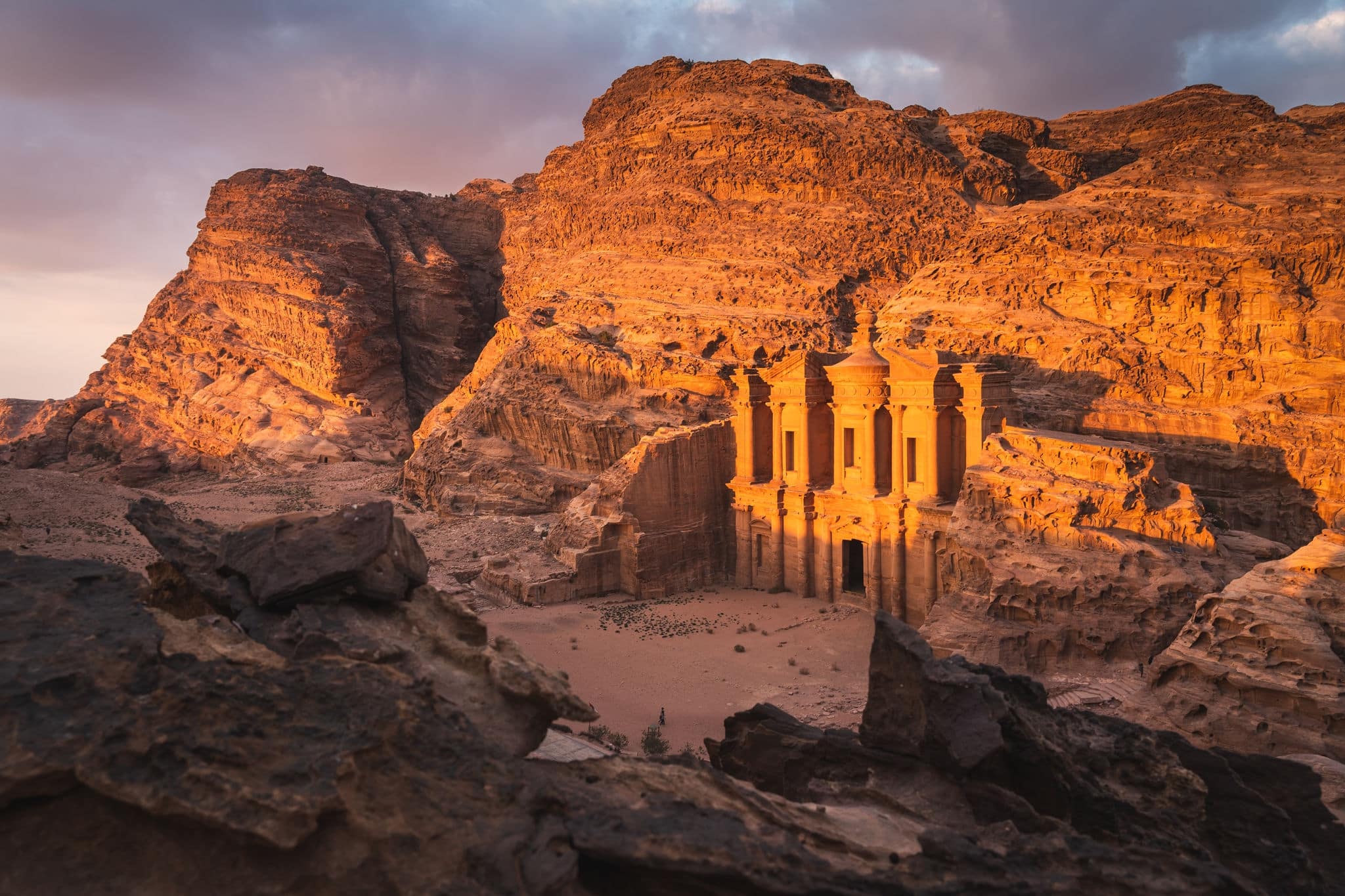 The Monastery or Ad Deir at beautiful sunset in Petra ruin and ancient city of Nabatean kingdom, Jordan, Arab, Asia
