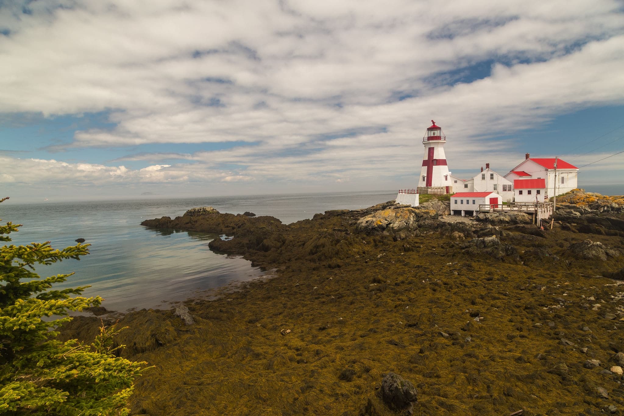 Historic East Quoddy Light is also known as Head Harbour Light.  This view is at low tide with the entire compound in picture.  The compound is on an island at high tide.