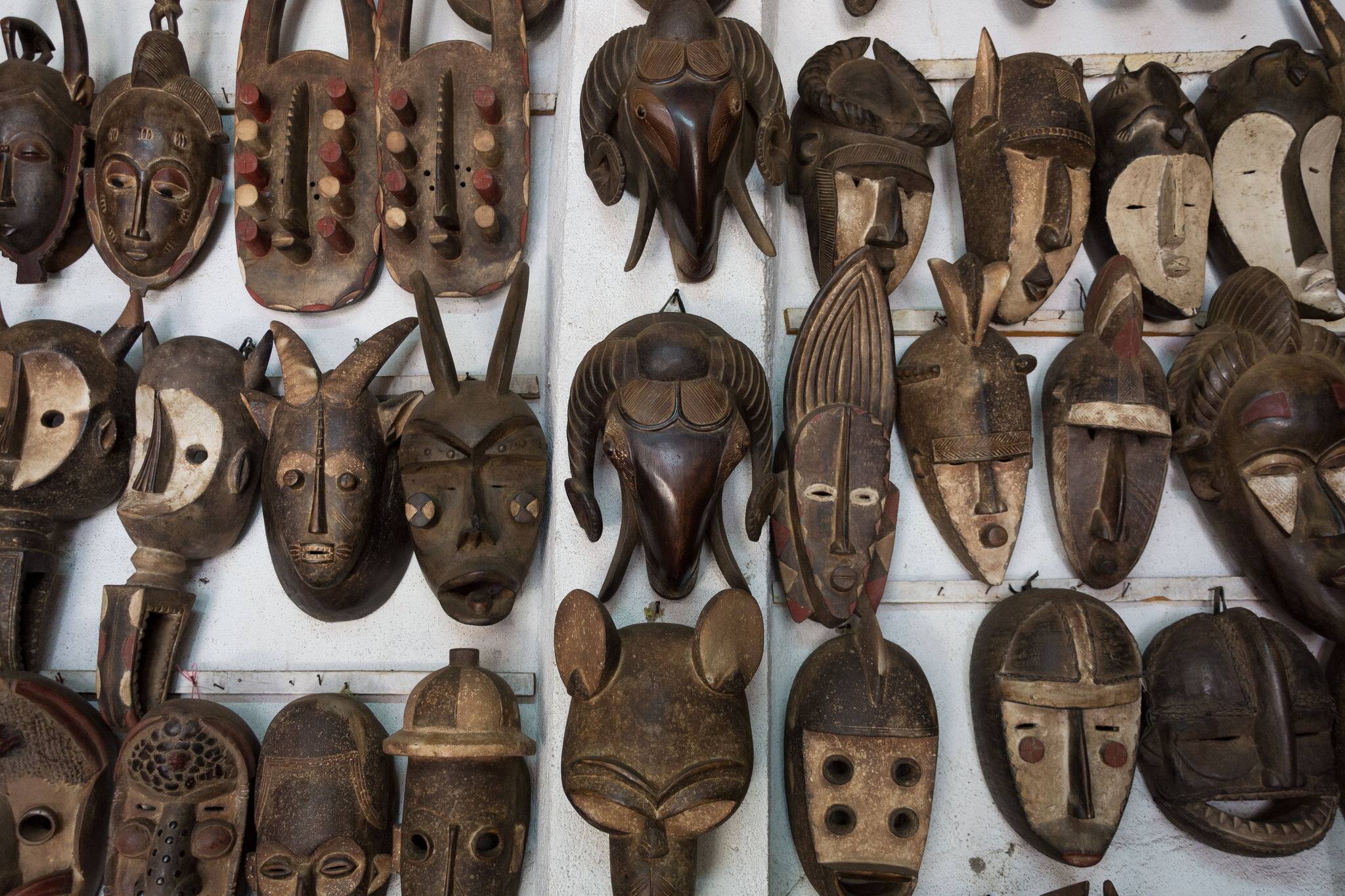 A group of beautiful traditional Ivory Coast masks. Masks are a prevalent art form in Ivory Coast they can symbolize lesser deities, the souls of the deceased, and even caricatures of animals.