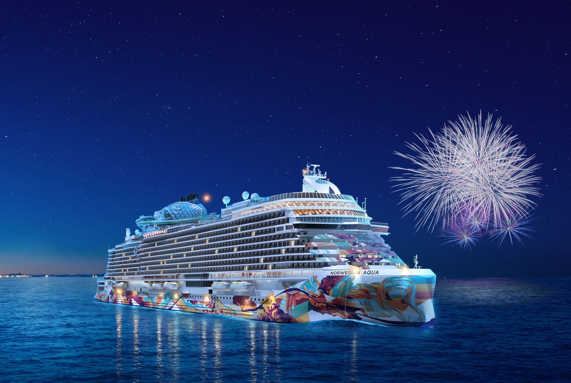 Norwegian Aqua with fireworks in the background