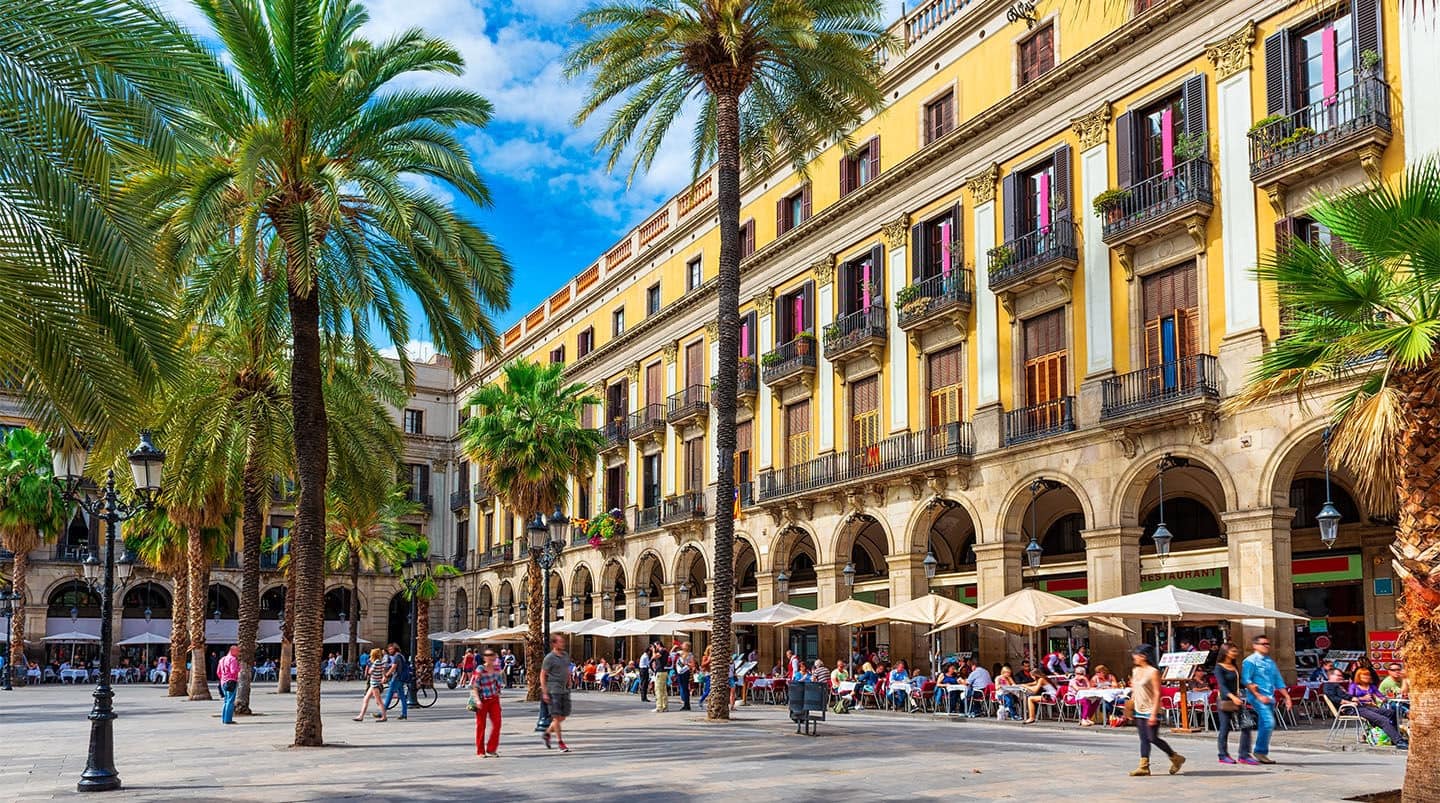 Plaza Real (Royal Square), in Barcelona, Catalonia, Spain. Architecture and landmark of Barcelona. Cozy cityscape of Barcelona
