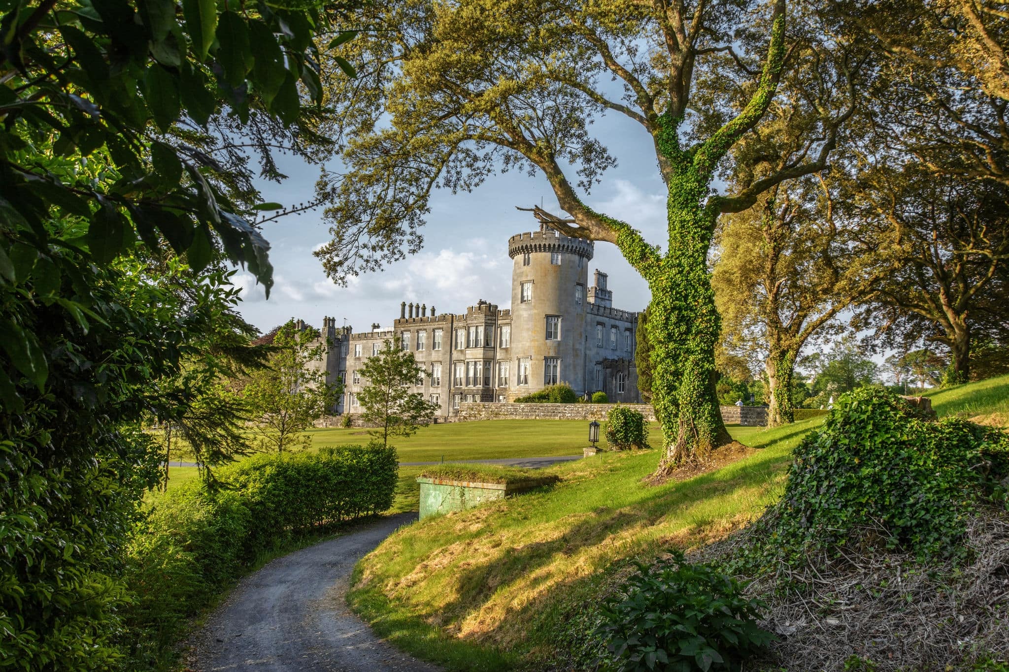 beautiful scenic ancient castle in county clare ireland. dromoland castle ireland. dromoland is a castle hotel and golf course. set in lovely forest landscape. world and european 5 star hotel.