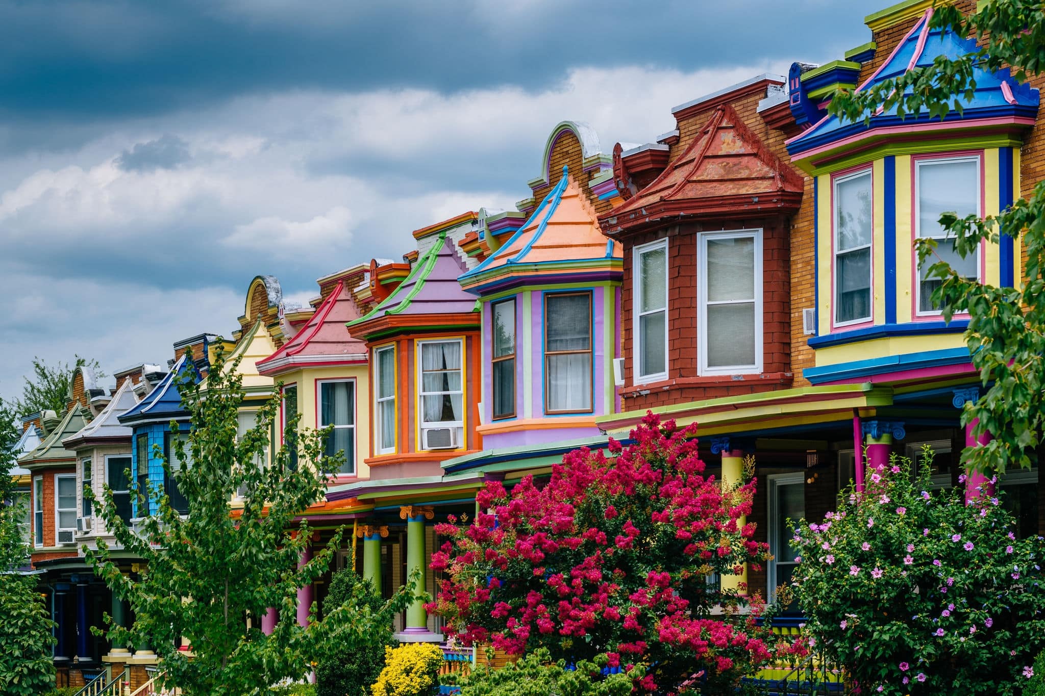 Colorful row houses on Guilford Avenue, in Baltimore, Maryland