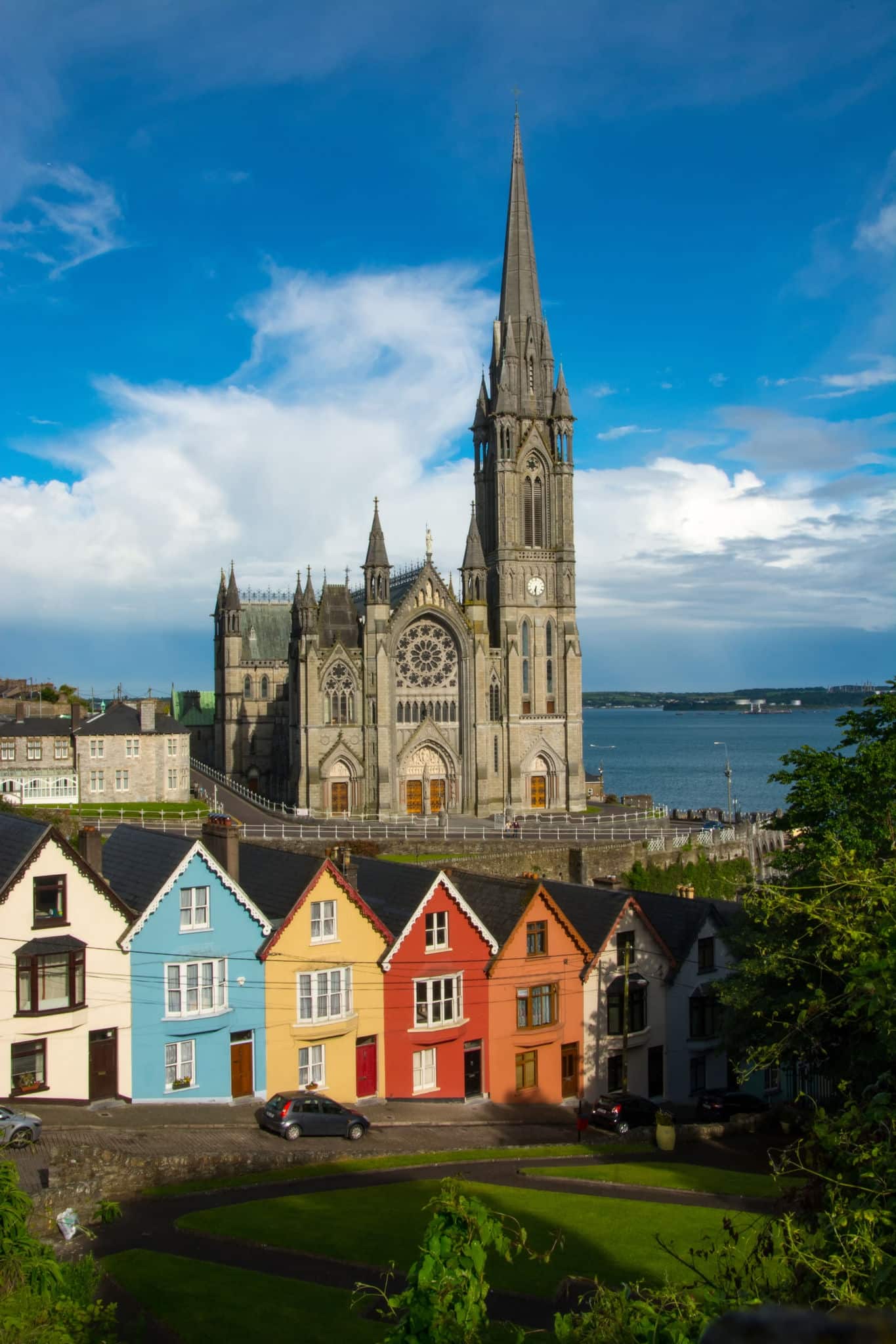 Cobh Cathedral colored houses Landscape clear sky