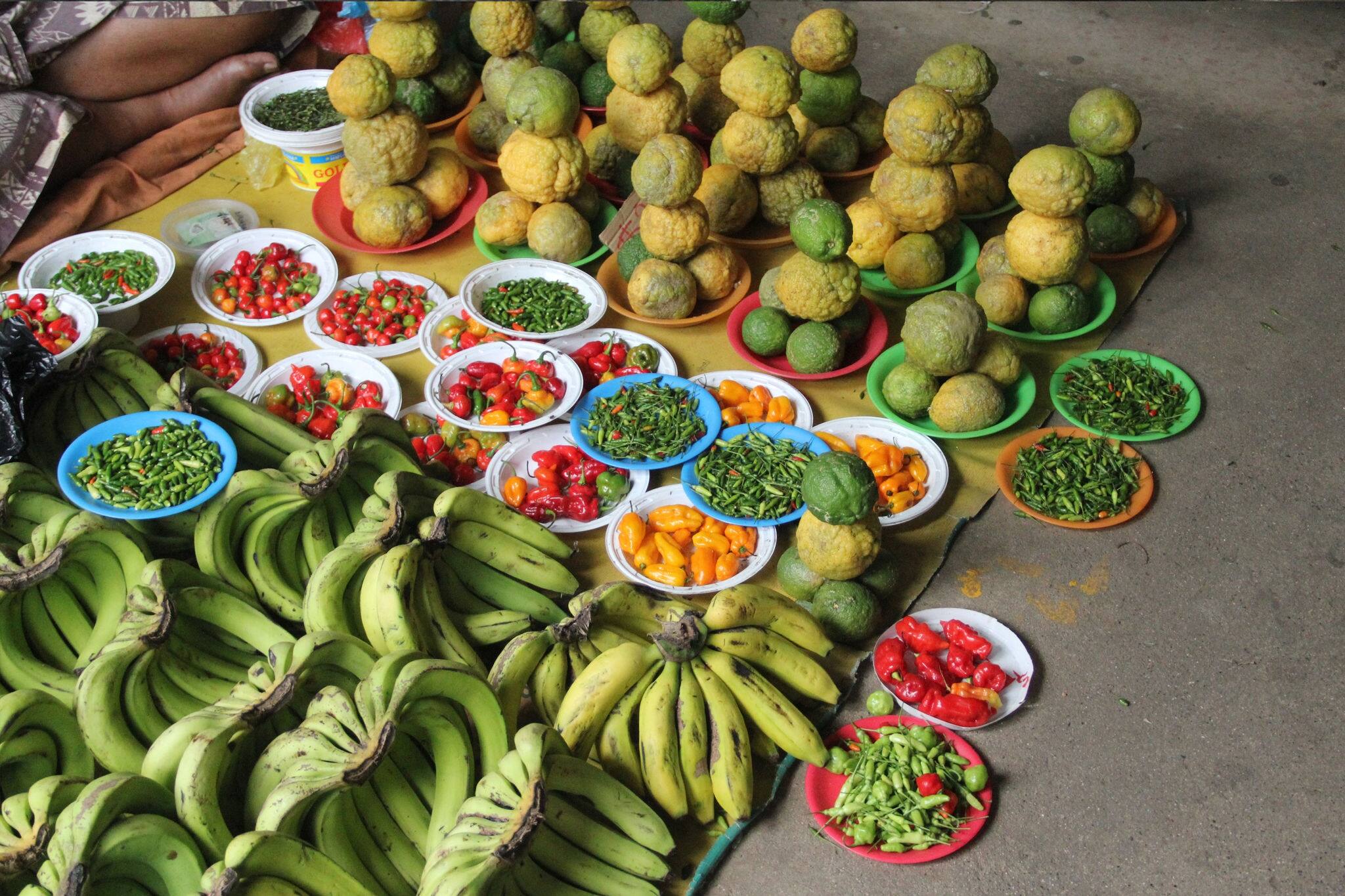 Tropical fruits and vegetable selling at Nadi produce Market Fiji. 