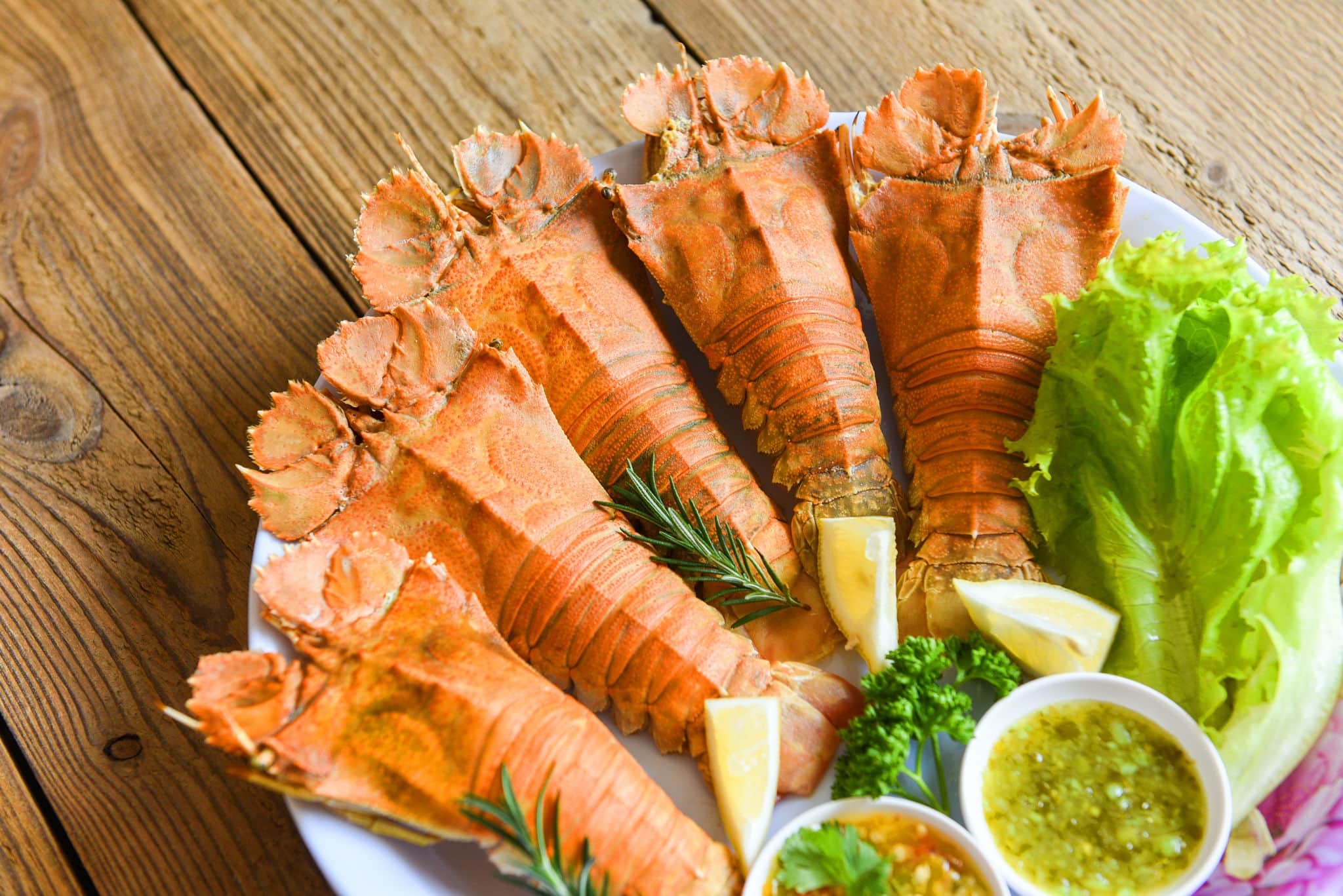 Flathead lobster shrimps served on white plate seafood sauce, fresh slipper lobster flathead boiled cooking with parsley rosemary vegetable salad lettuce in restaurant, Rock Lobster Moreton Bay Bug