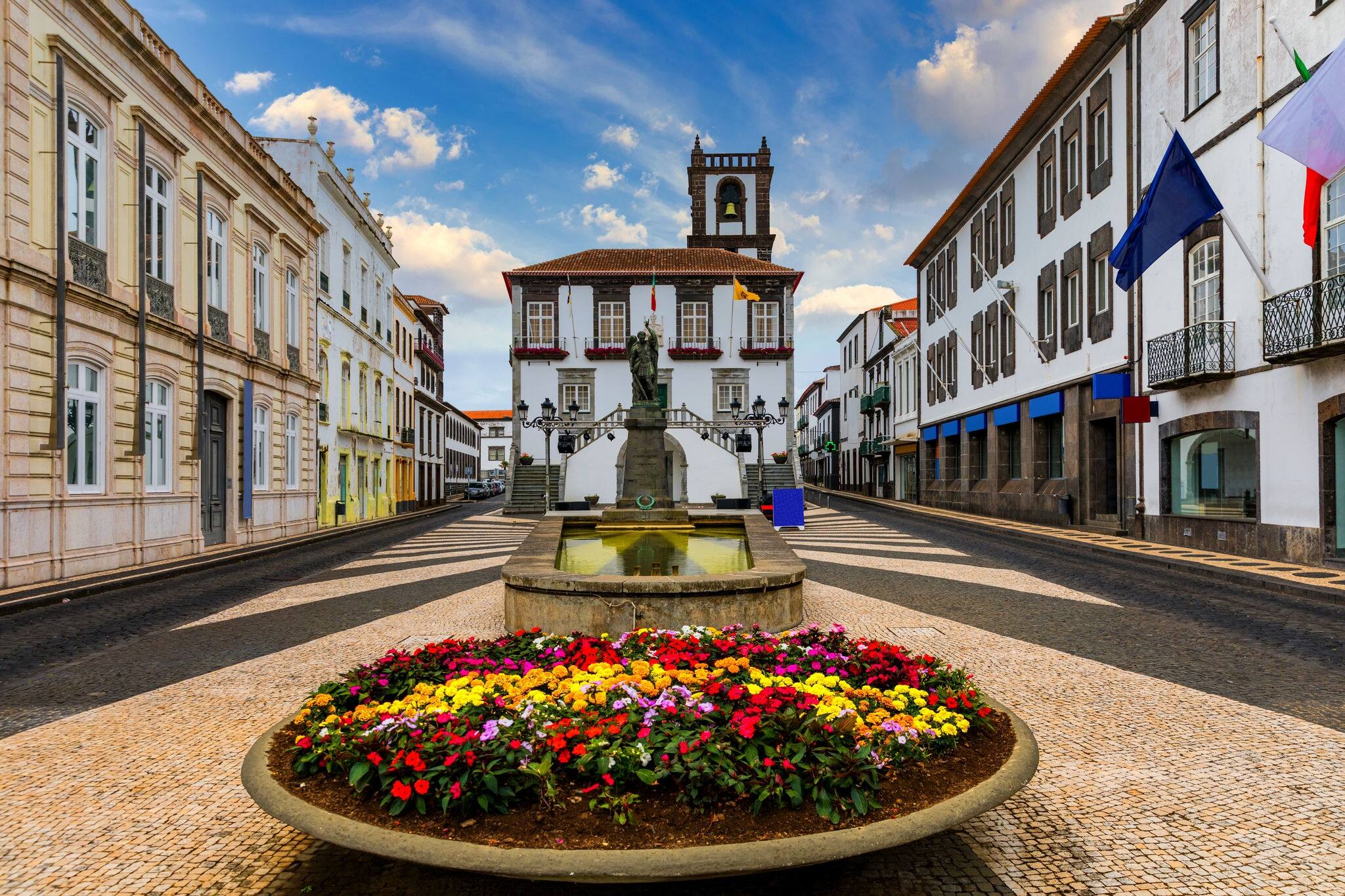 City Hall in Ponta Delgada, Azores, Portugal. Ponta Delgada City Hall with a bell tower in the capital of the Azores. Portugal, Sao Miguel. Town Hall, Ponta Delgada, Sao Miguel, Azores, Portugal