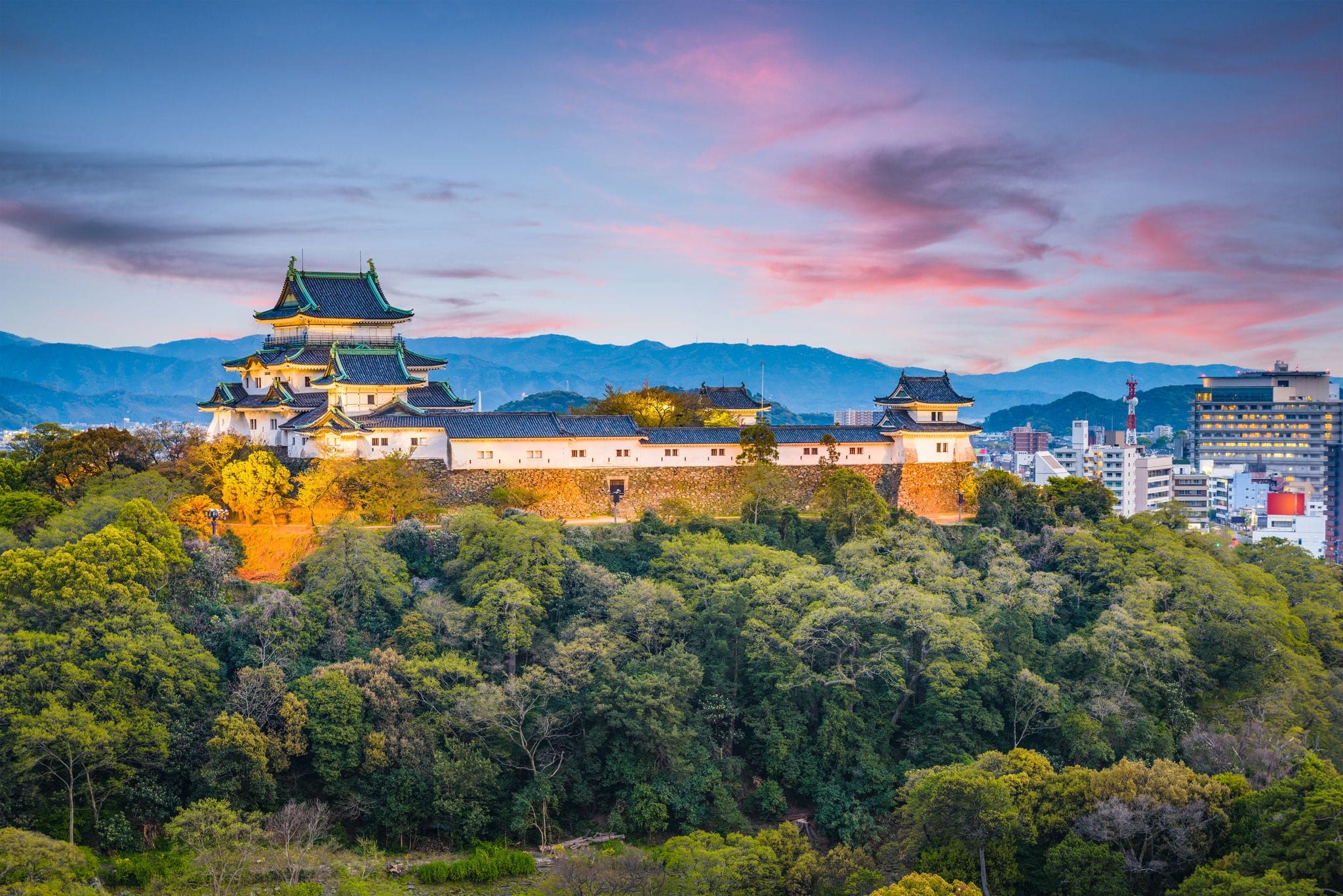 Wakayama City, Japan castle park and downtown cityscape at dusk.