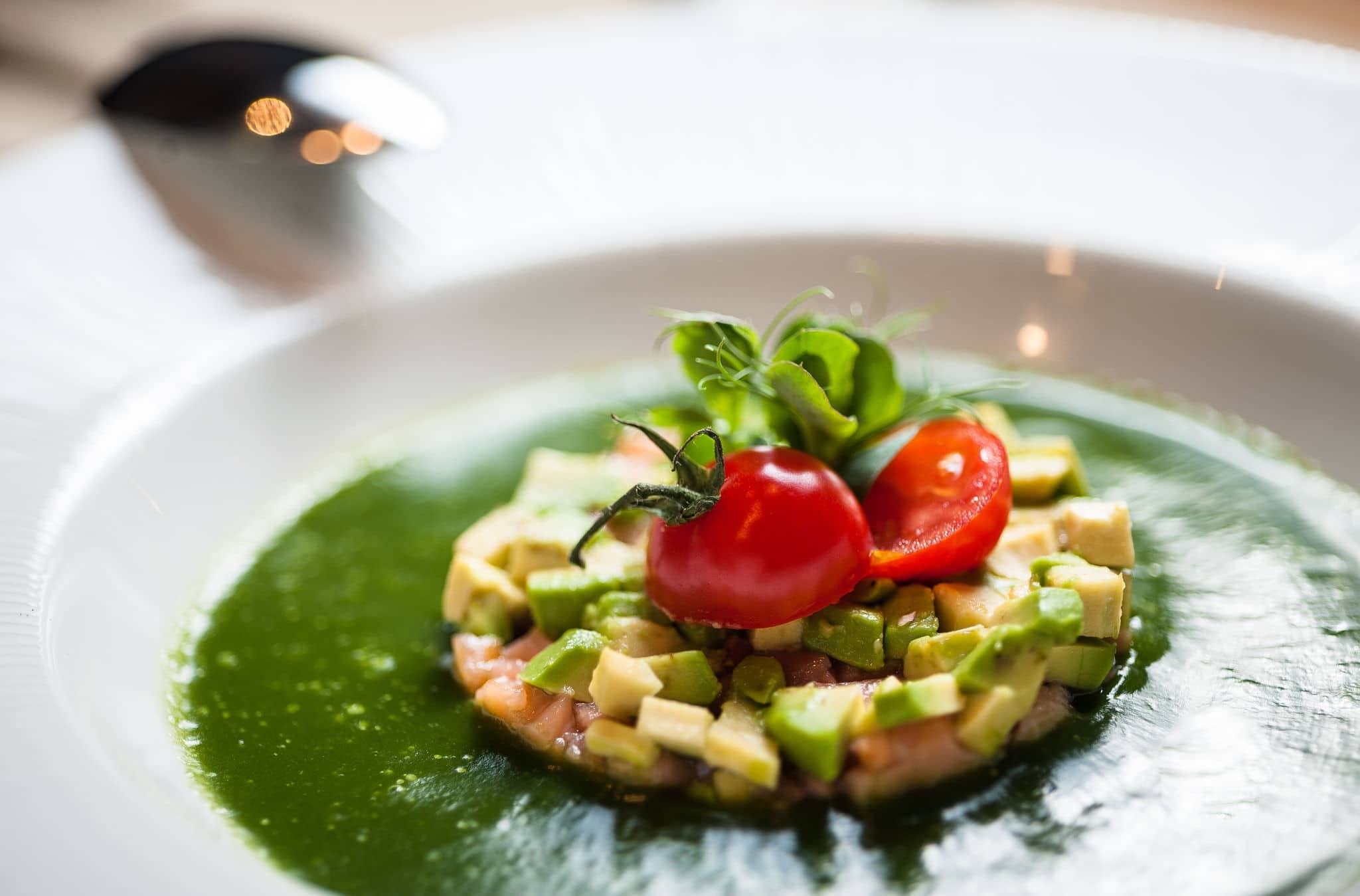 GREENLANDIC PRAWNS VELOUTE with tomato, capers, herbs and crispy toast with olives