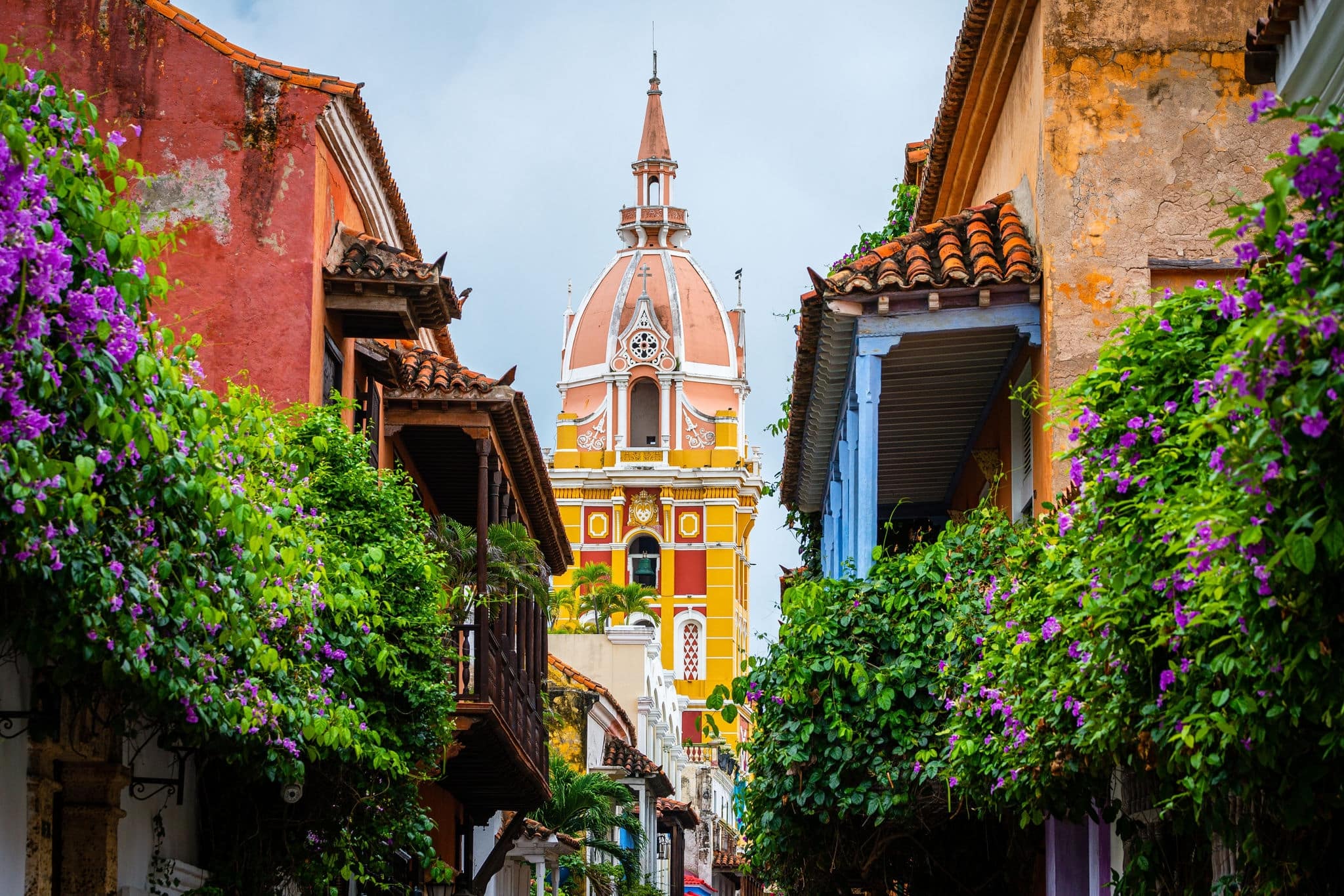 colorful street of cartagena de indias old town, colombia