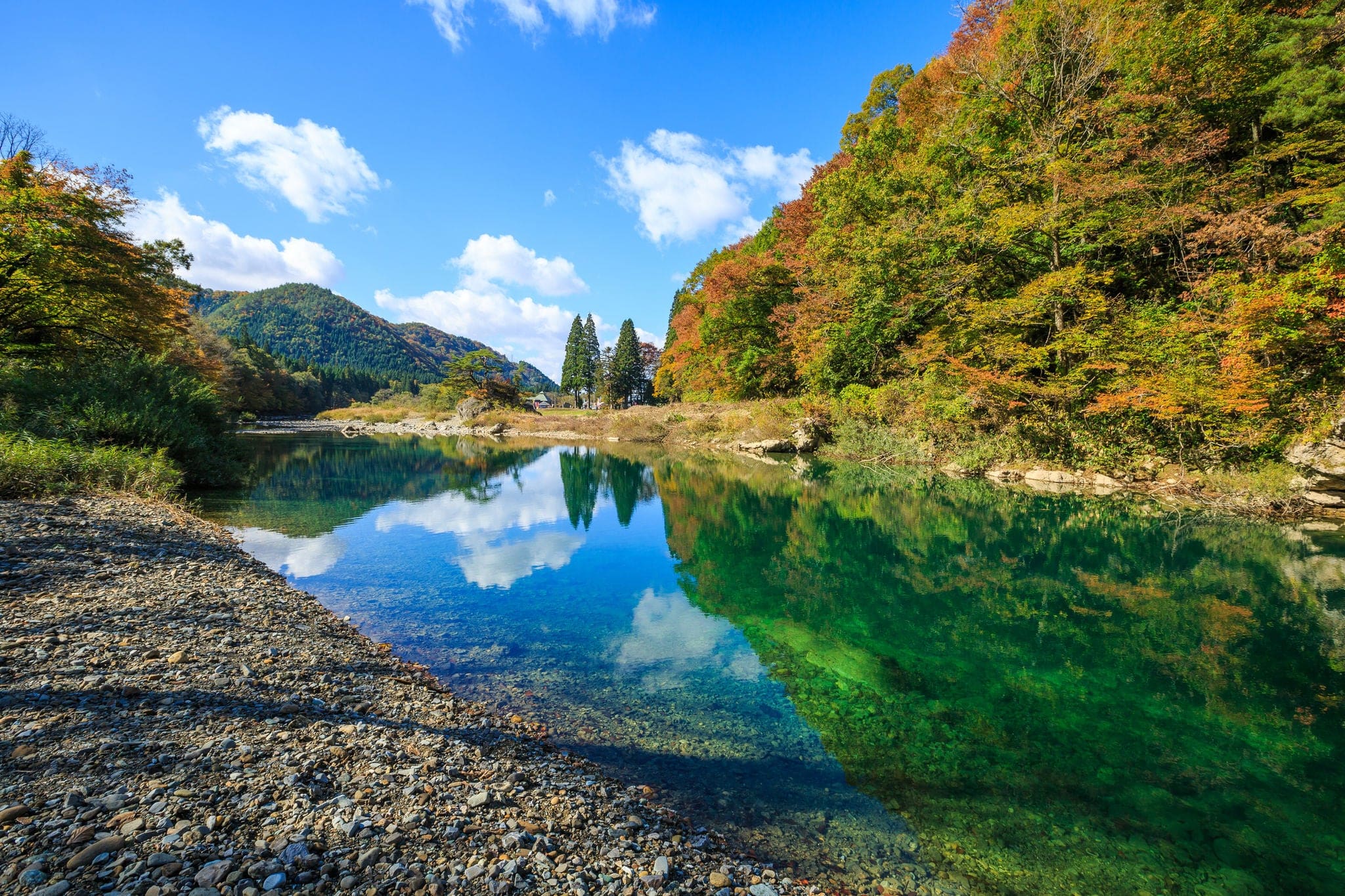 Turquoise river with Leaves turning color in Dakigaeri Valley - Senboku, Akita, Japan