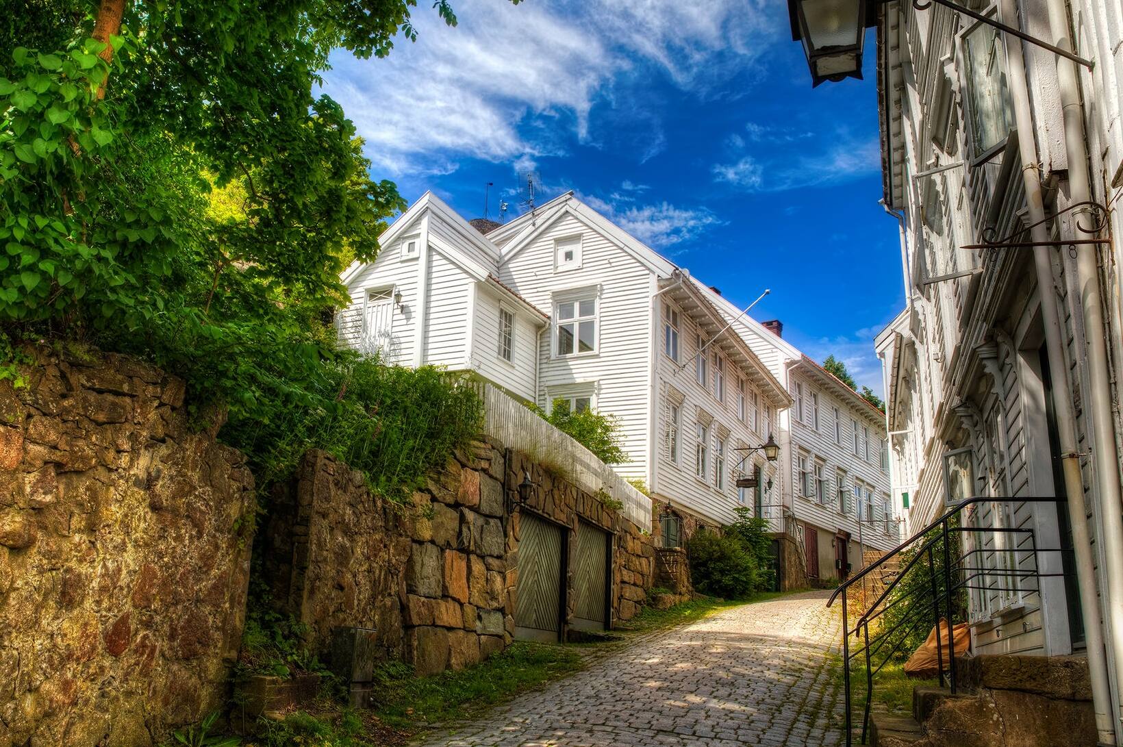 Beautiful cobbled street in the Southern Norwegian town Mandal