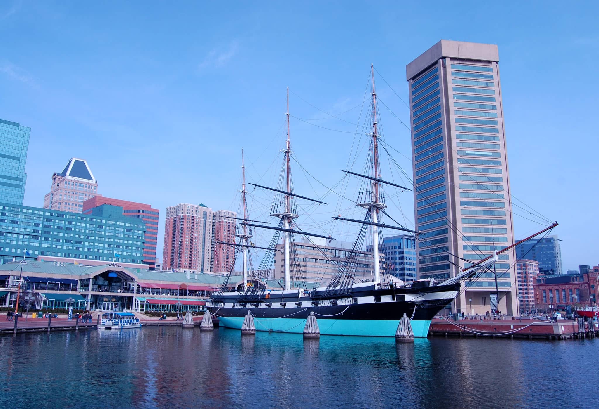 The Inner Harbor area of Baltimore, Maryland is a popular tourist destination.